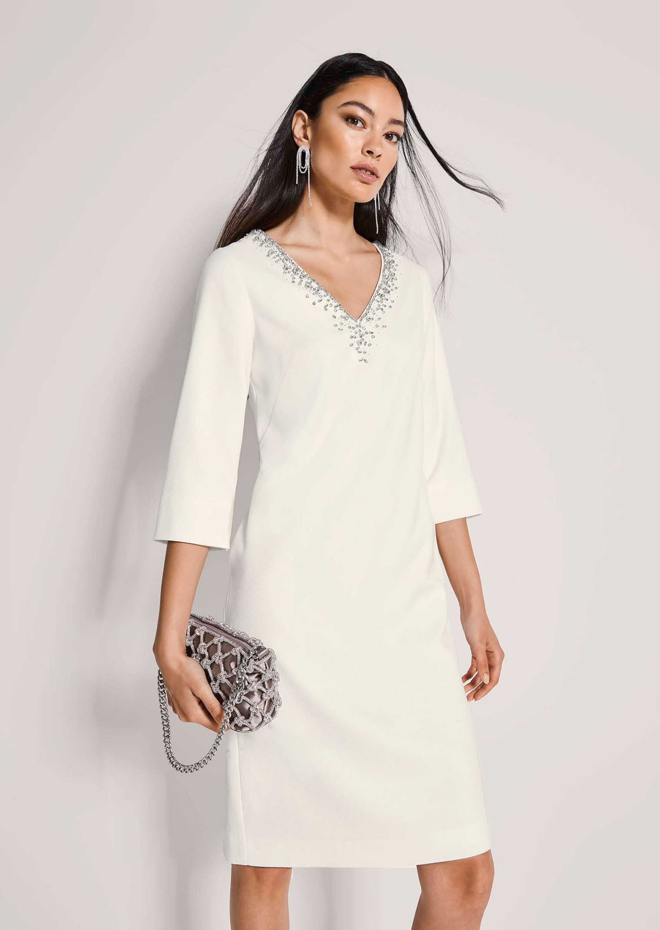 MADELEINE Etuikleid Businesskleid mit Strass-Details Sommerkleid mit V-Ausschnitt, 3/4-Arm und Knielänge