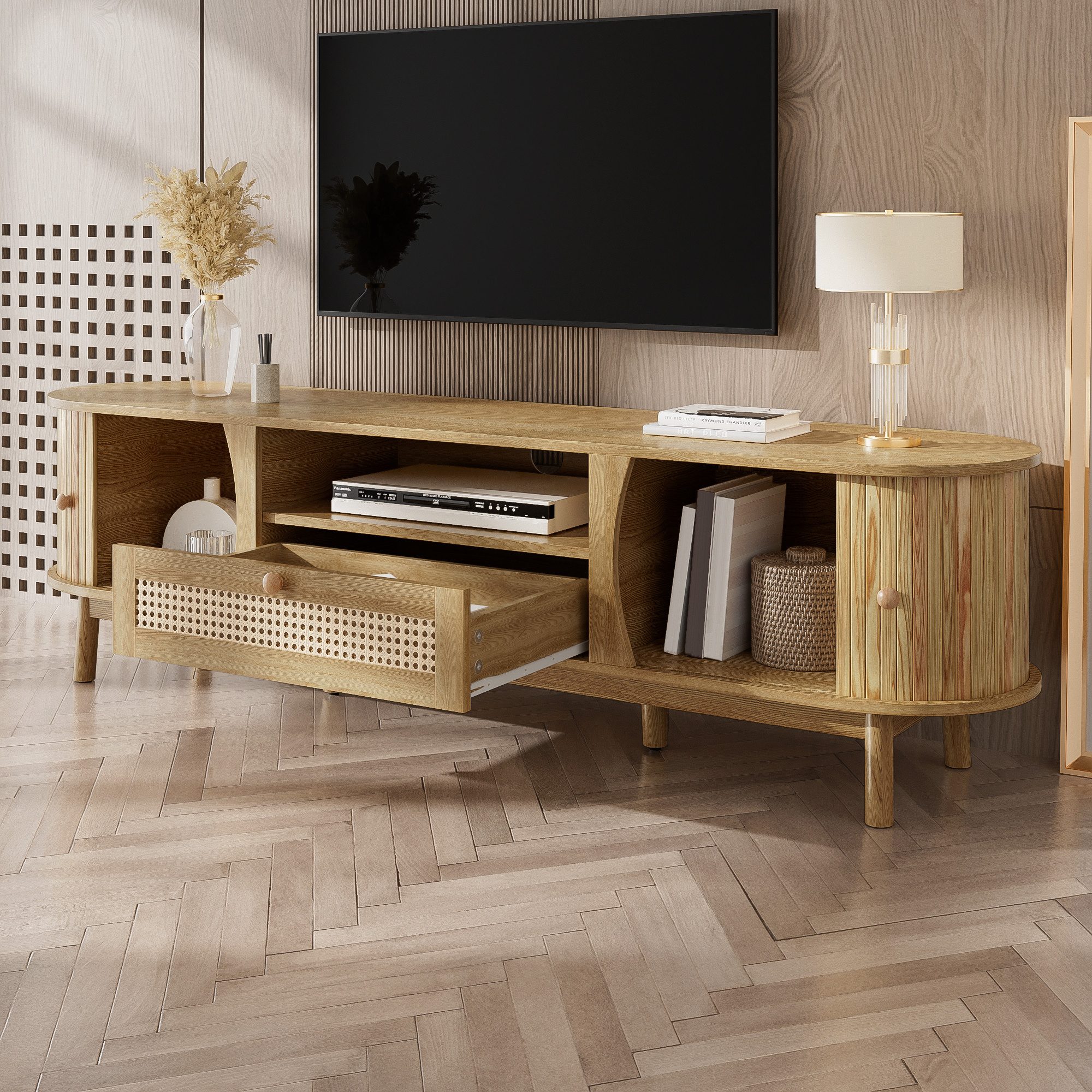Merax Lowboard mit Schubladen mit Rattan-Oberflächen (Fernsehschrank im Landhausstil, 1 St), TV-Schrank mit 2 Schiebetüren, Staufächern & Holzfüße, 165x37x46cm – Bild 4 von 5