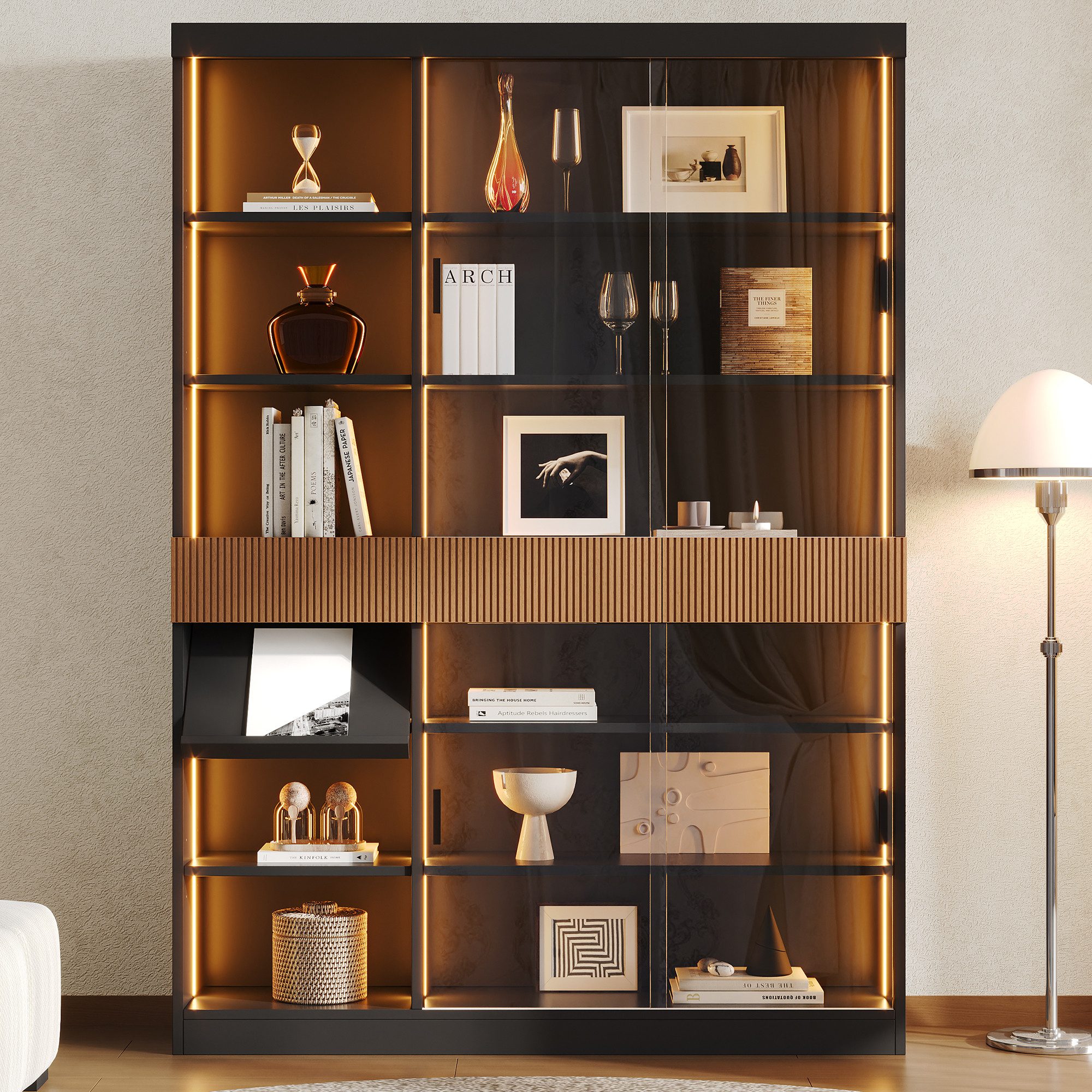 Flieks Glasvitrine mit LED-Beleuchtung, 4 Glasschiebetüren, 3 Schubladen, Klappablage (Wohnzimmerschrank mit verstellbarer Einlegeböden, 1-St., 120x28,5x180 cm) – Bild 2 von 5