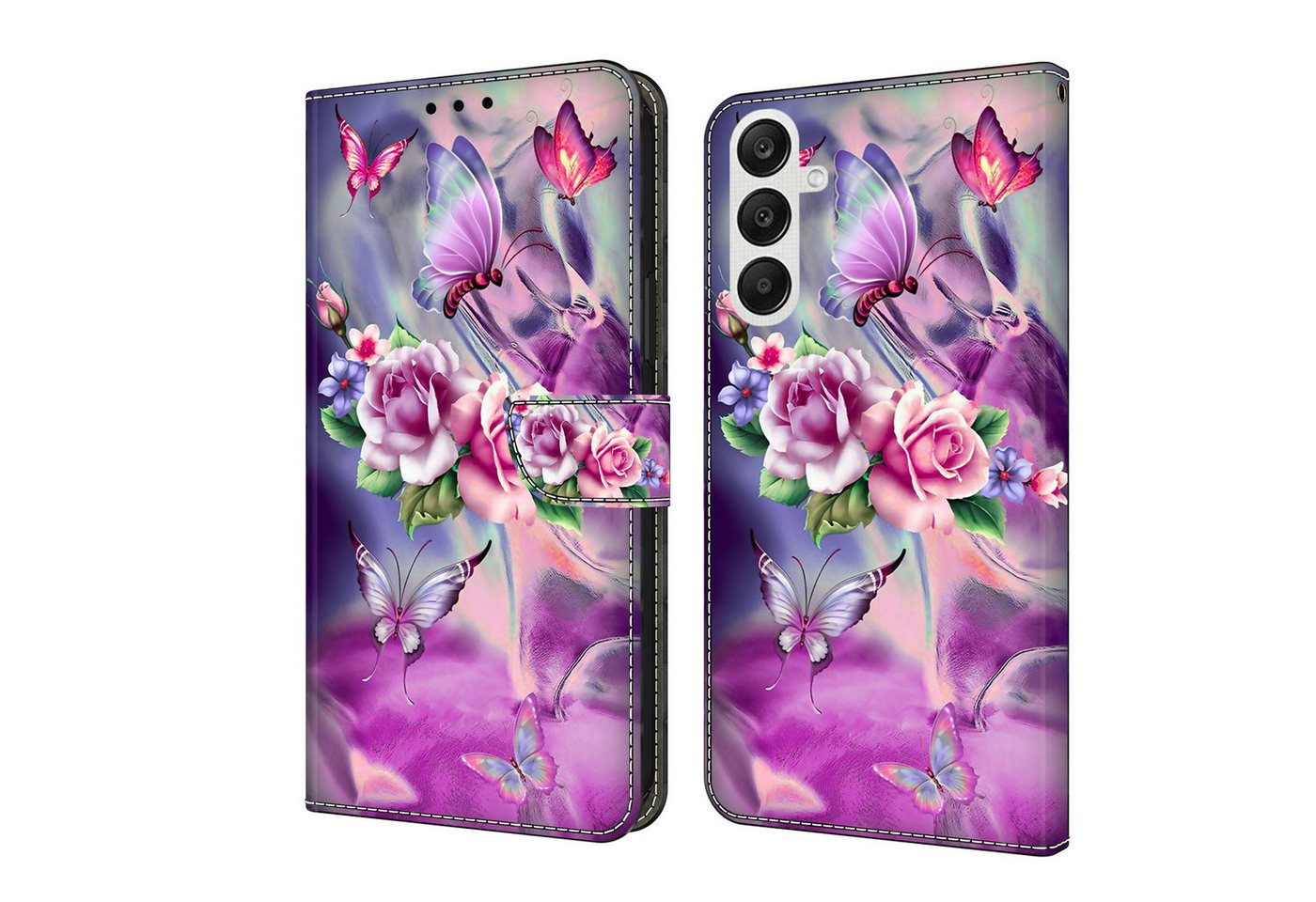 CLM-Tech Handytasche für Samsung Galaxy A56 5G Hülle aus PU-Leder Klapphülle (lila Blumen Schmetterlinge, Handyhülle mit Standfunktion - Wallet Flip Case inklusive Kartenfächer), Cover mit Magnetverschluss Samsung Galaxy A56 5G Schutzhülle