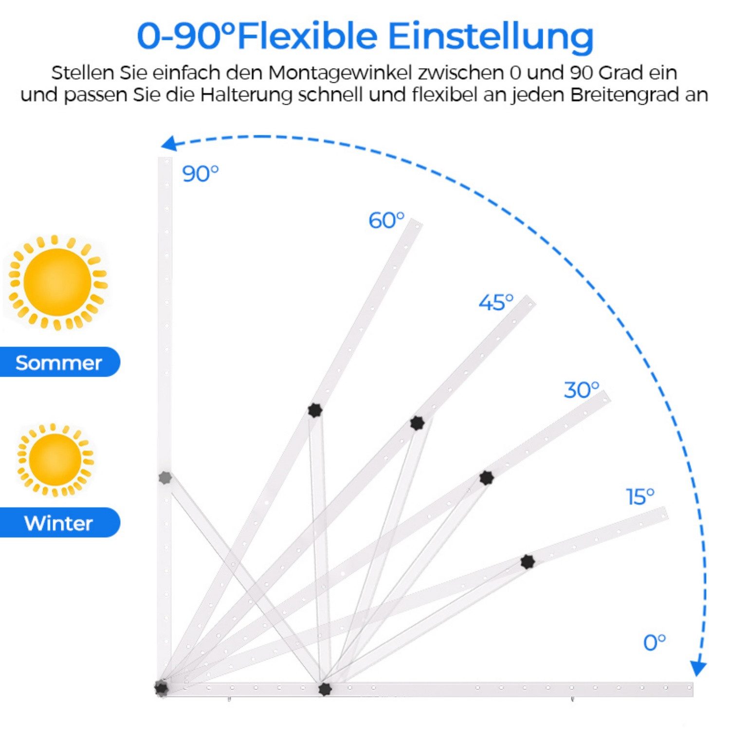 Rhein Beleuchtung Solarmodul-Halterung 4x Solarpanel Halterung & Balkonkraftwerk Halterung 114cm, (bis 45 Zoll, Set, 4-tlg., Für 100-800W Module bis 115cm - Für Dach, Wand, Balkon, Solarmodul Halterung 0-90° verstellbar, Alu, Ohne Bohren)