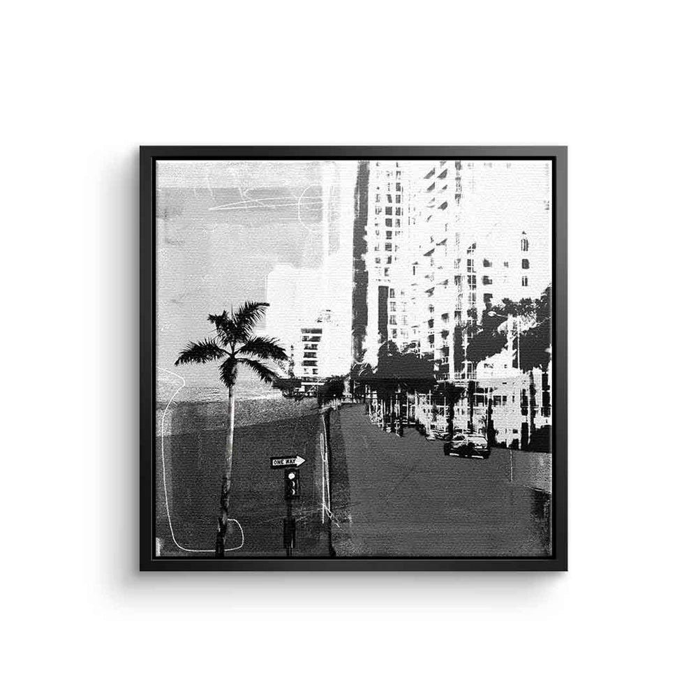 DOTCOMCANVAS® Leinwandbild Vintage Miami, Vintage Miami Leinwandbild quadratisch square schwarz weiß Wandbild schwarzer Rahmen