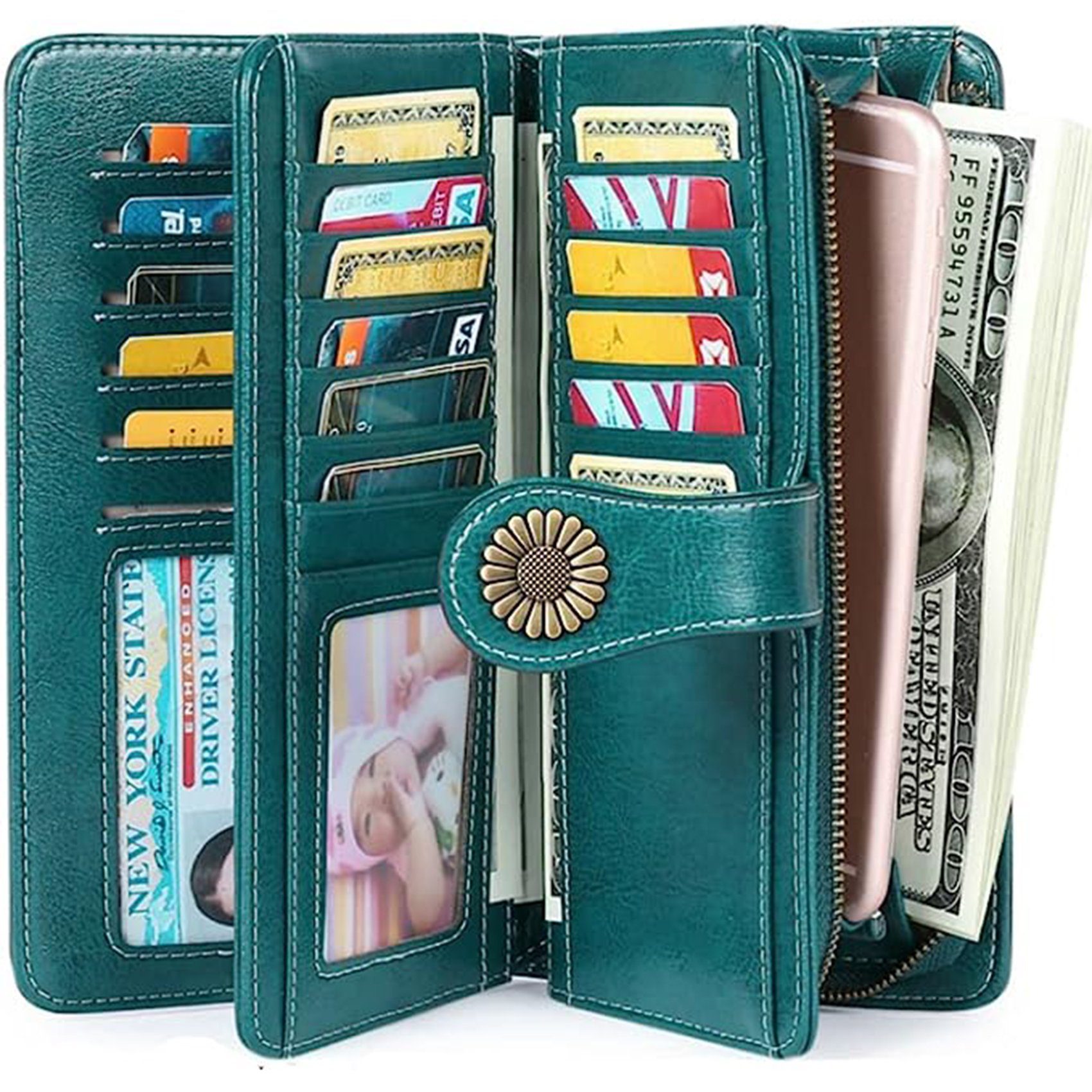 Wörleonline Geldbörse Damen Geldbörse praktischer blaugrün Leder, aus Leder Einteilung, und mit echt RFID-Schutz