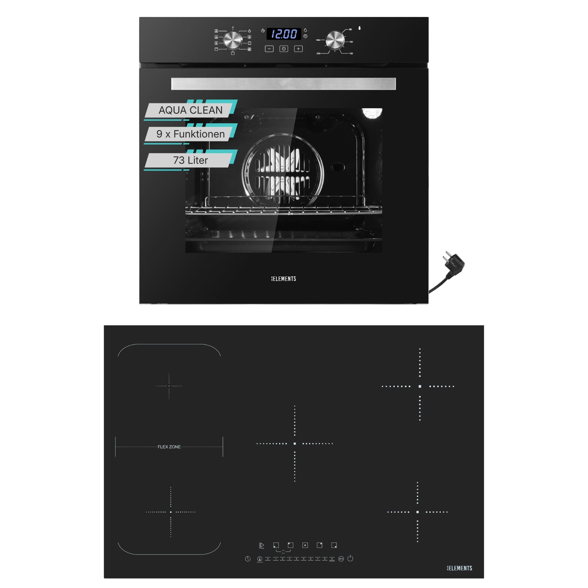 KB Elements Induktions Herd-Set Einbaubackofen 60 cm mit 5-Zonen Induktionskochfeld 77cm, Aqua Clean, Circle Fan Heater, Flexzonen