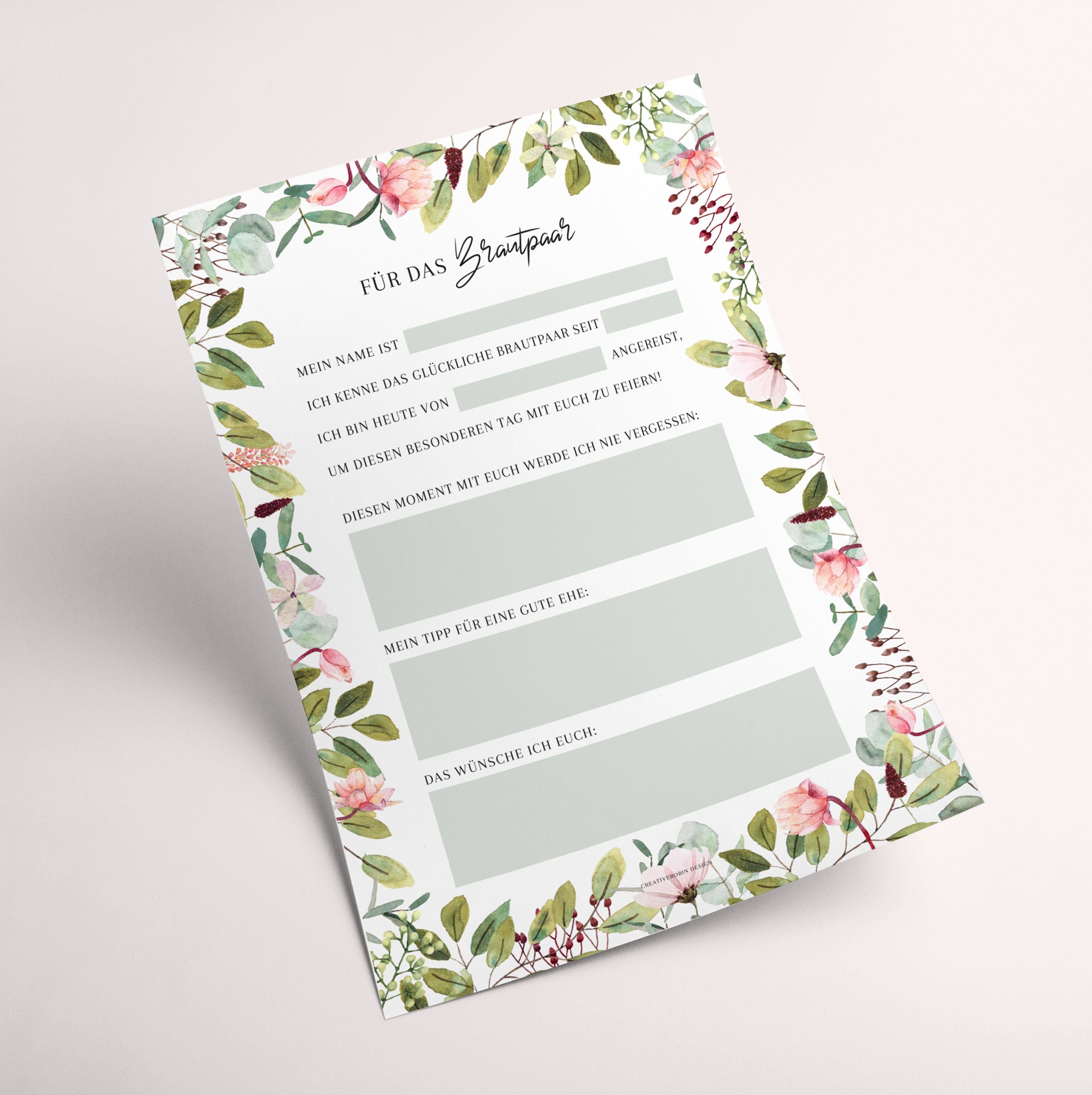 CreativeRobin Hochzeitskarte Hochzeitsspiel für A5 • Notizblock Karten Gästebuch & 50 Gäste