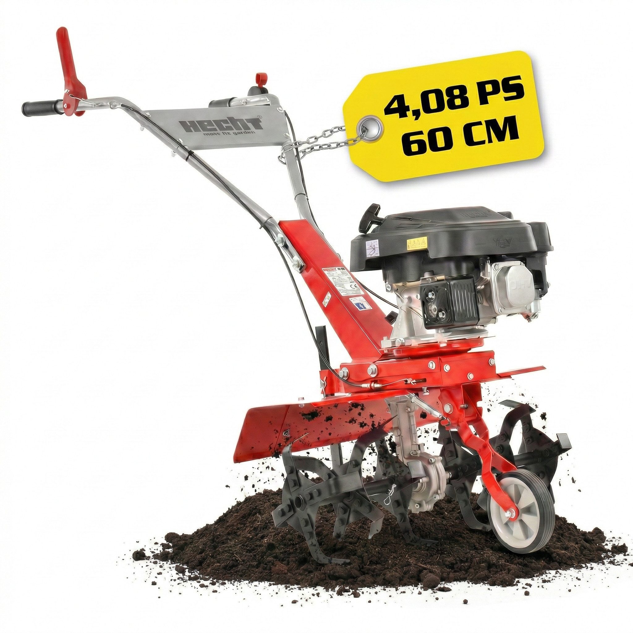 Hecht Gartenhacke Motorfräse Motorhacke Benzin, 25 cm Arbeitstiefe, 3 kW / 4,08 PS, 60 cm Arbeitsbreite, 173 cm³, 145 U/min Werkzeugdrehzahl, mit Führungsrad
