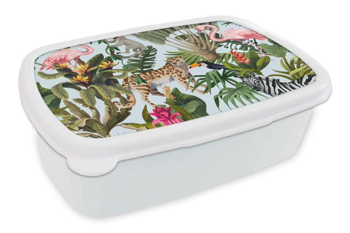 MuchoWow Lunchbox Dschungel - Tiere - Mädchen - Kinder - Jungen - Flamingo - Papagei, Kunststoff, (2-tlg), Brotbox für Kinder und Erwachsene, Brotdose, für Jungs und Mädchen weiß