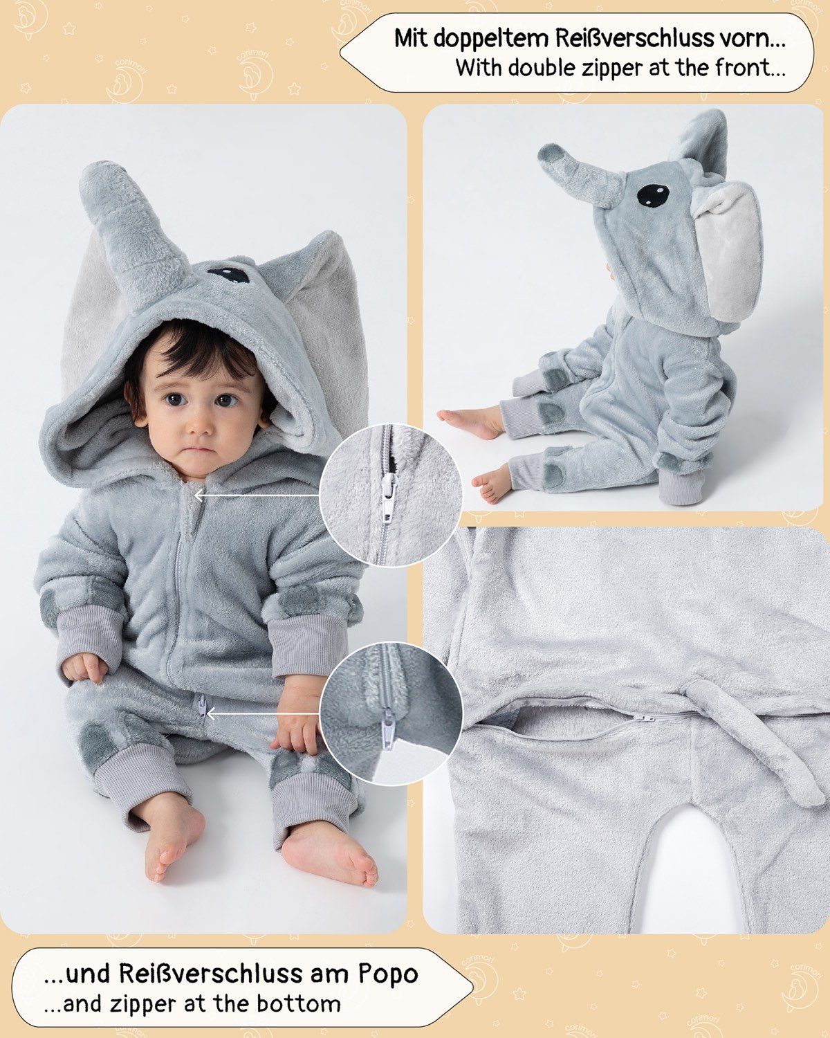 Corimori Strampler Onesie Elefant Nuru Baby Strampler Größen 60-90cm (1-tlg) Strampler, Fasching, Kigurumi, Tierkostüme, Babys, Elefant "Nuru"