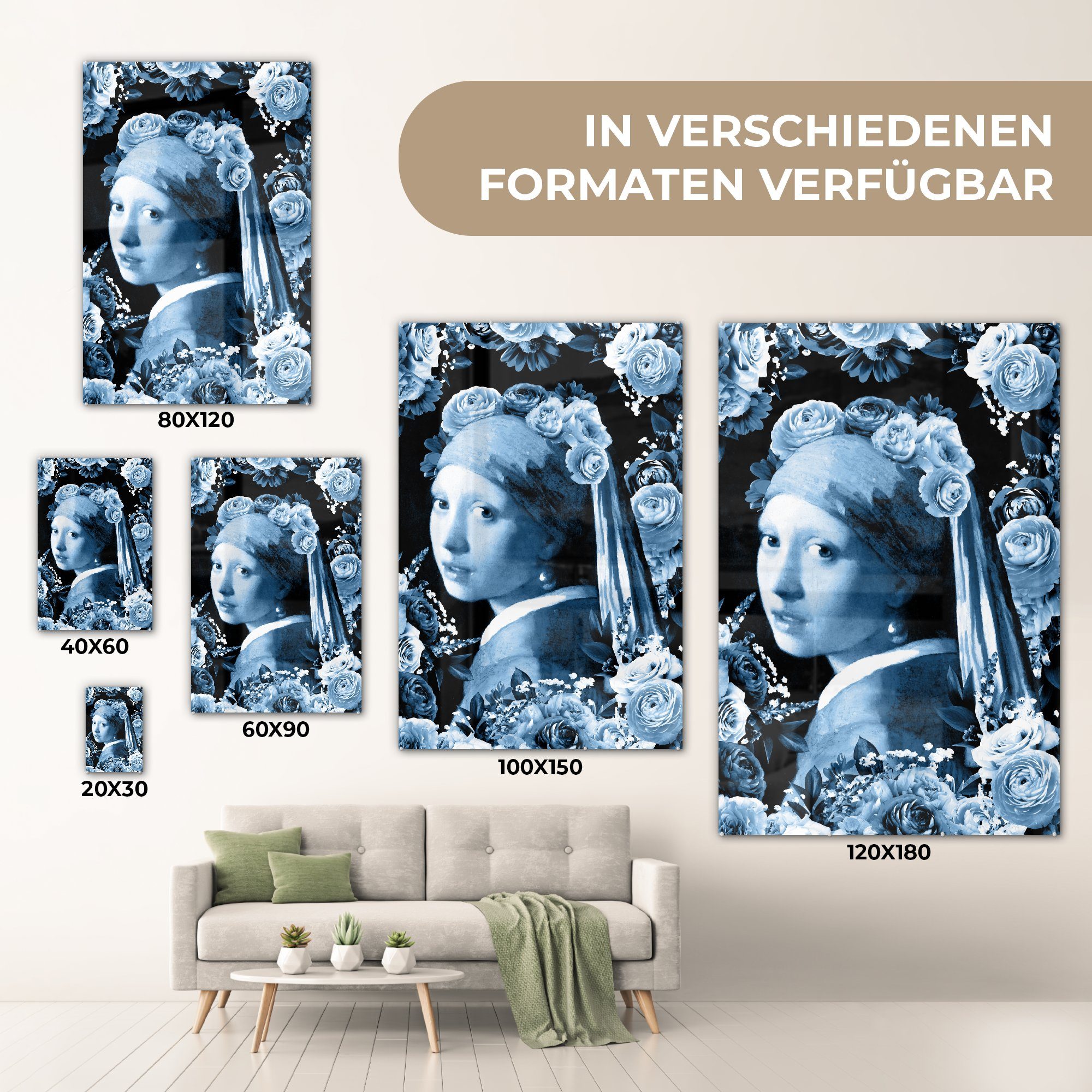 auf (1 - - Wandbild Glasbilder Johannes Vermeer mit - MuchoWow Bilder - Perlenohrring auf Foto Blau, - Mädchen Wanddekoration Glas St), Acrylglasbild Glas Delfter