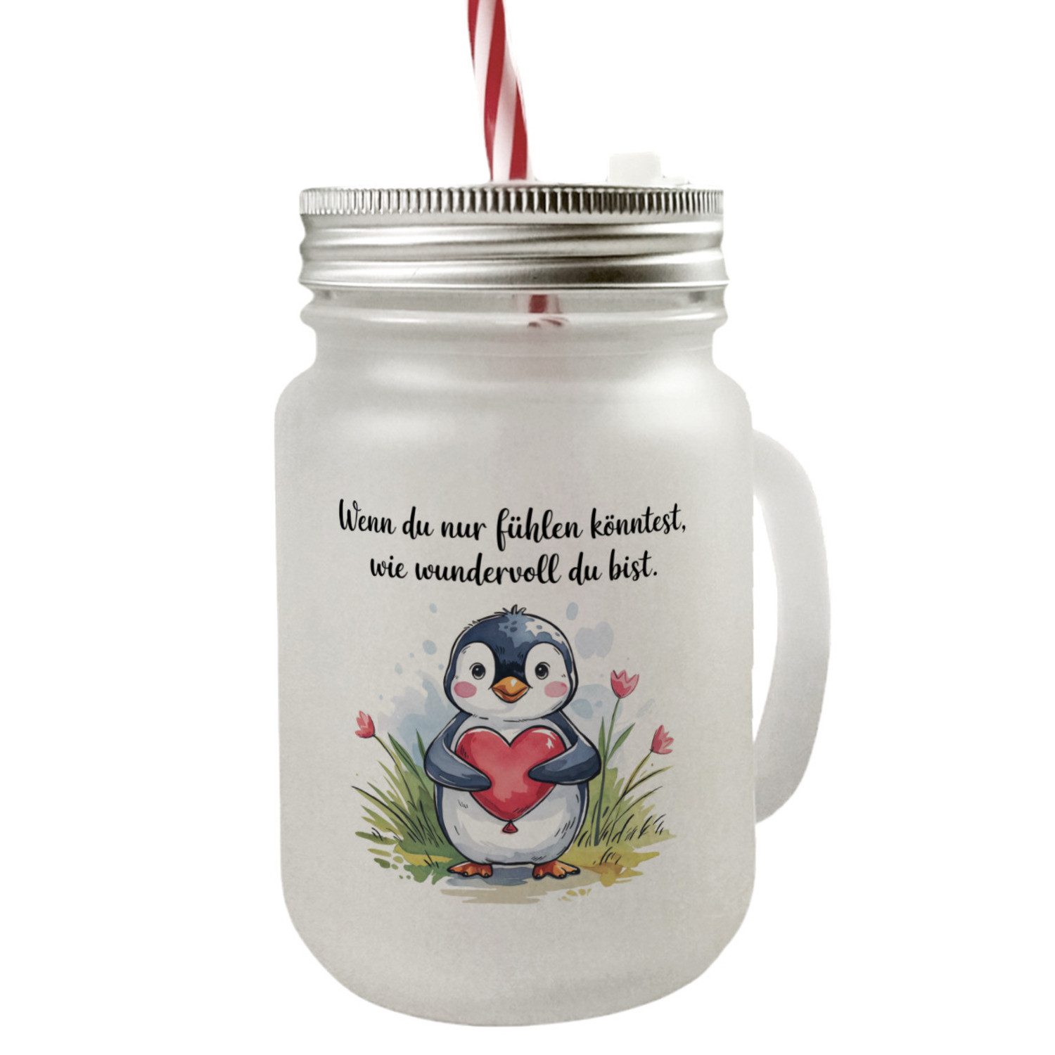 Glas Pinguin mit Herzballon Mason Jar Henkel Trinkglas Deckel Du bist