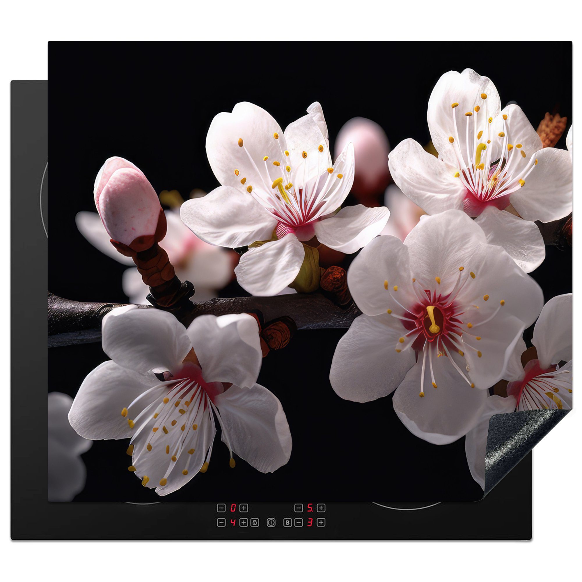 MuchoWow Herdblende-/Abdeckplatte Sakura - Blumen - Blütenzweige - Botanisch - Weiß, Vinyl, (1 tlg), 60x52 cm, Mobile Arbeitsfläche nutzbar, Ceranfeldabdeckung