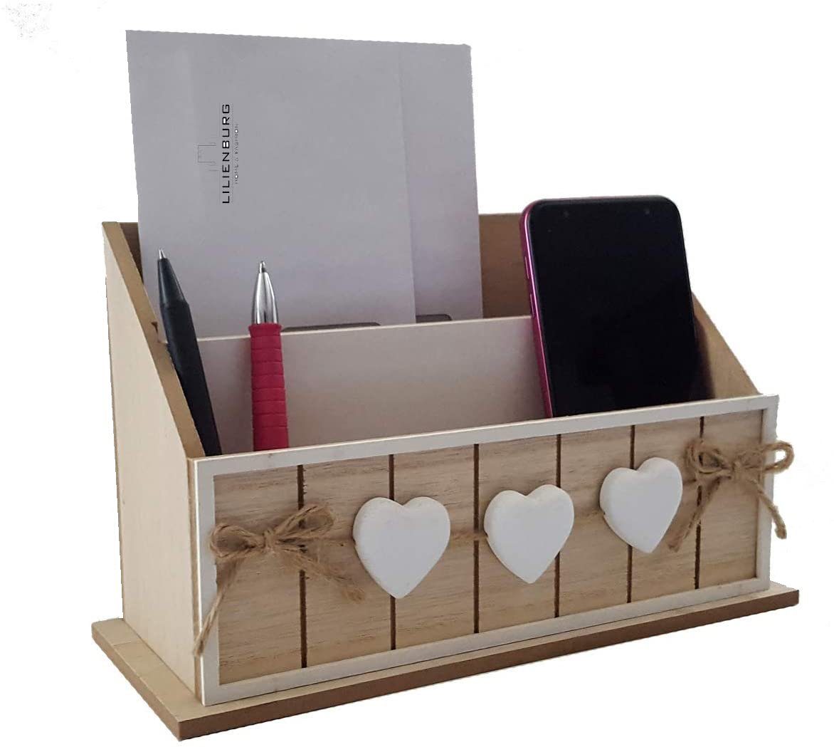 LB H&F Lilienburg Briefablage LB H&F Briefablage Papierablage Schreibtisch-Organizer Utensilo (Stifteablage Holz Herz 25cm Aufbewahrungsbox Deko Schreibtisch Postablage Posthalter Briefhalter Shabby Büro Landhaus Stiftehalter Handyhalter Handyablage Briefe Stifte), weiße Herzen