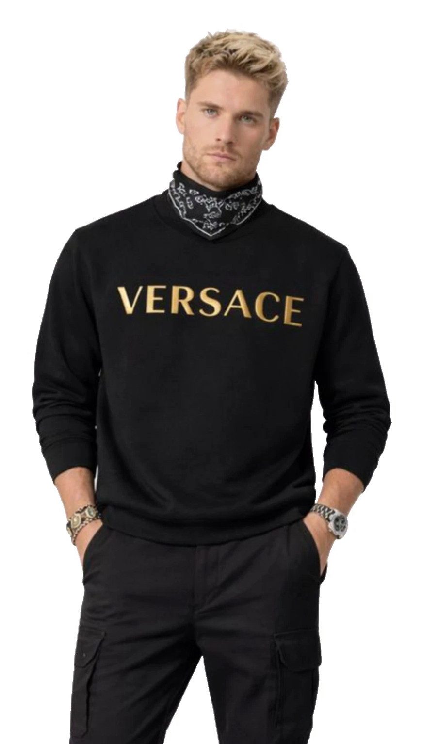 Versace Sweatshirt Stickerei Gold Logo Pullover Gebürstetes Stoff Teil der Versace Mainline, Extravagant, Atmungsaktives Material