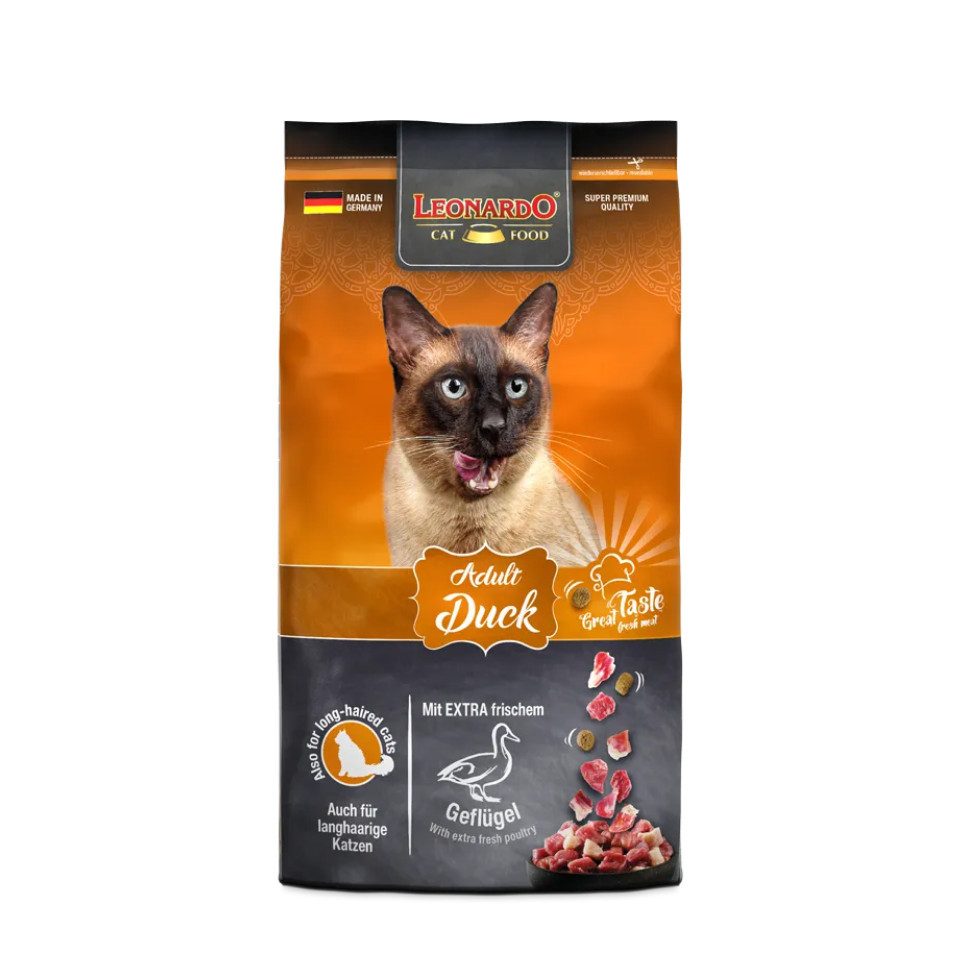 Leonardo Catfood Adult Duck - hochwertiges Trockenfutter mit Chiasaat & Krill, Trockenfutter für: Katzen