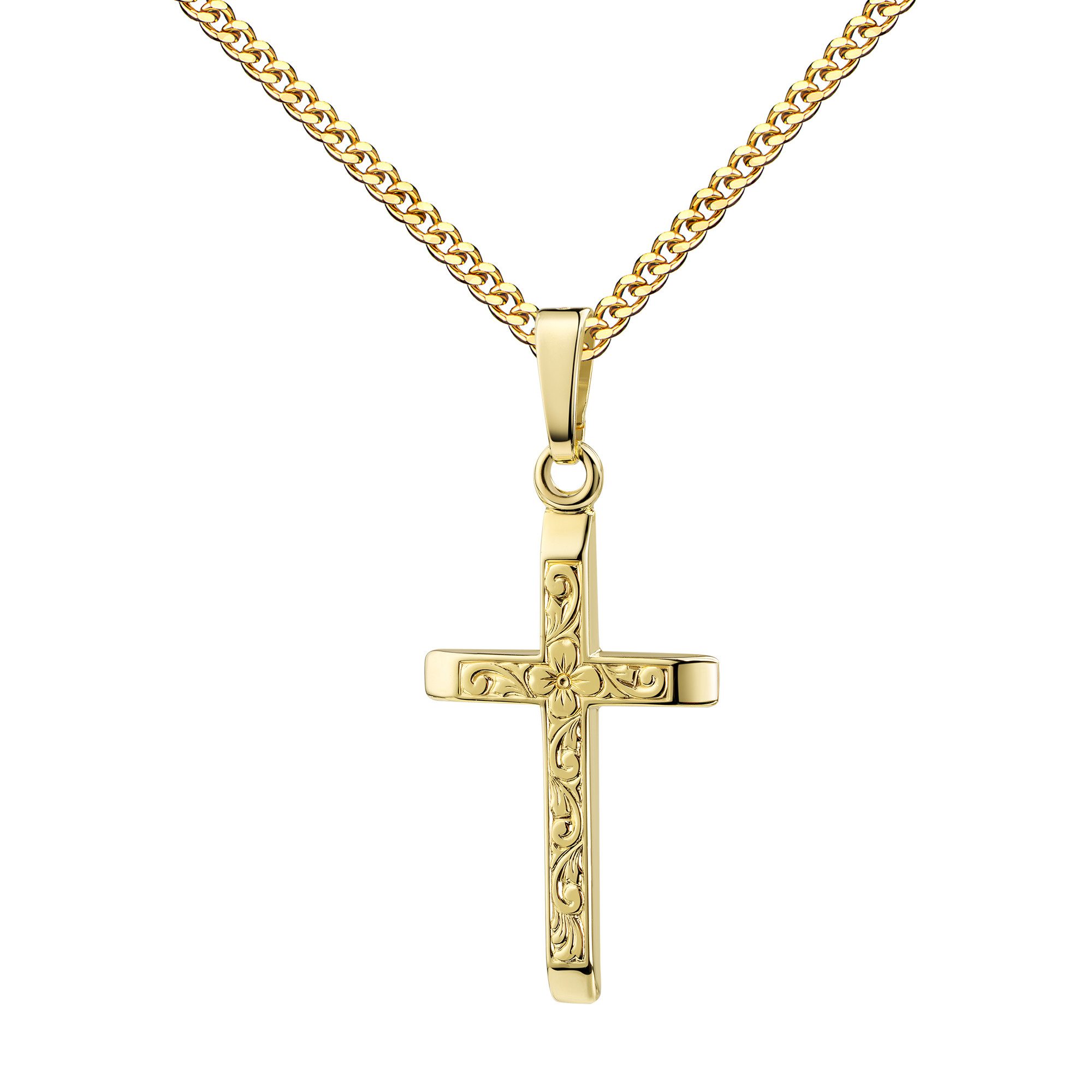 JEVELION Kreuzkette Kreuz Anhänger - Pflanzenornament-Verzierung 333 Gelbgold / 8 Karat (Goldkreuz, für Damen und Mädchen), Mit Kette vergoldet- Длина wählbar 36 - 70 cm oder ohne Kette.