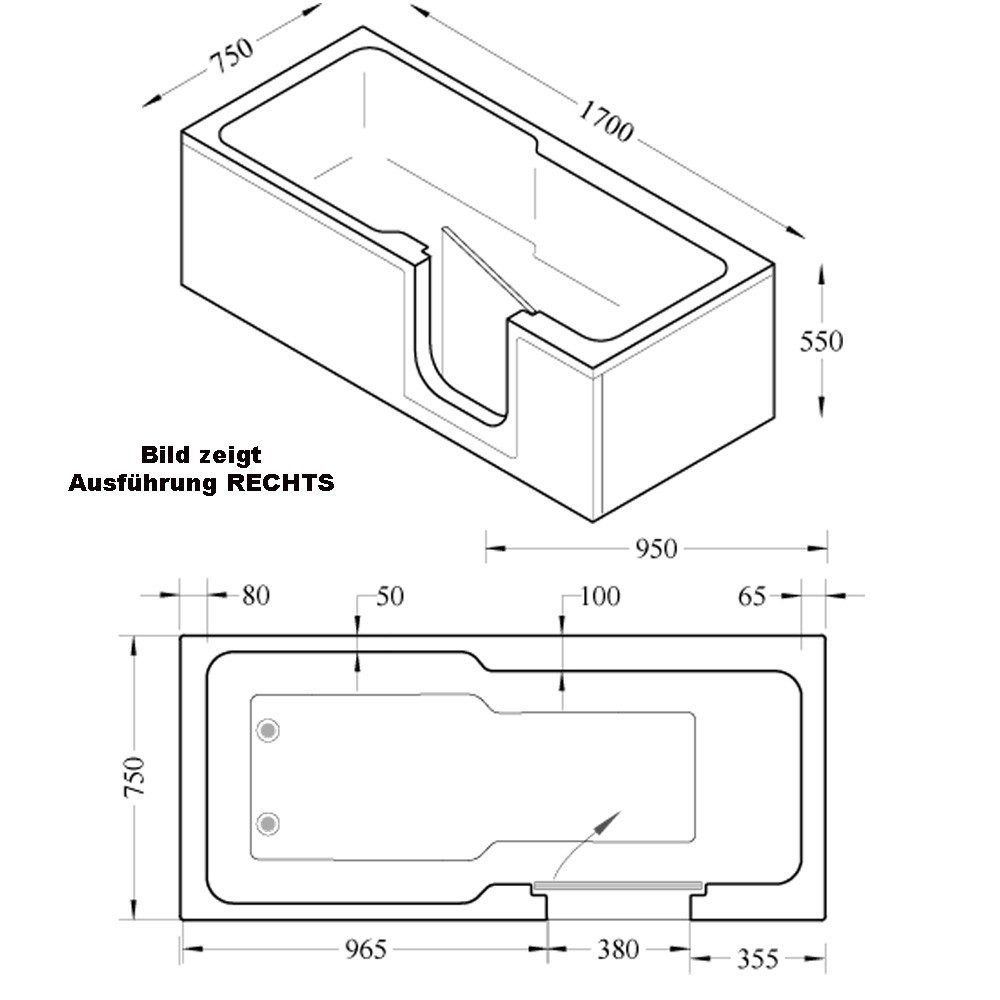 HAK Badewanne EVOLVE Badewanne mit Tür 170x75cm Ausführung Links