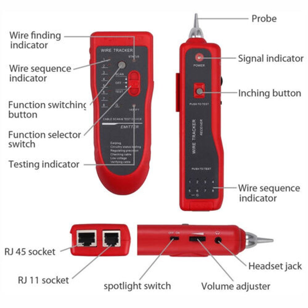 XERSEK Leitungsortungsgerät Multifunktional Kabeltester Kabelfinder Kabelsucher Werkzeug Set, Leitungssucher für Netzwerk und Telefoninstallation, LED Anzeige,  – Bild 5 von 5