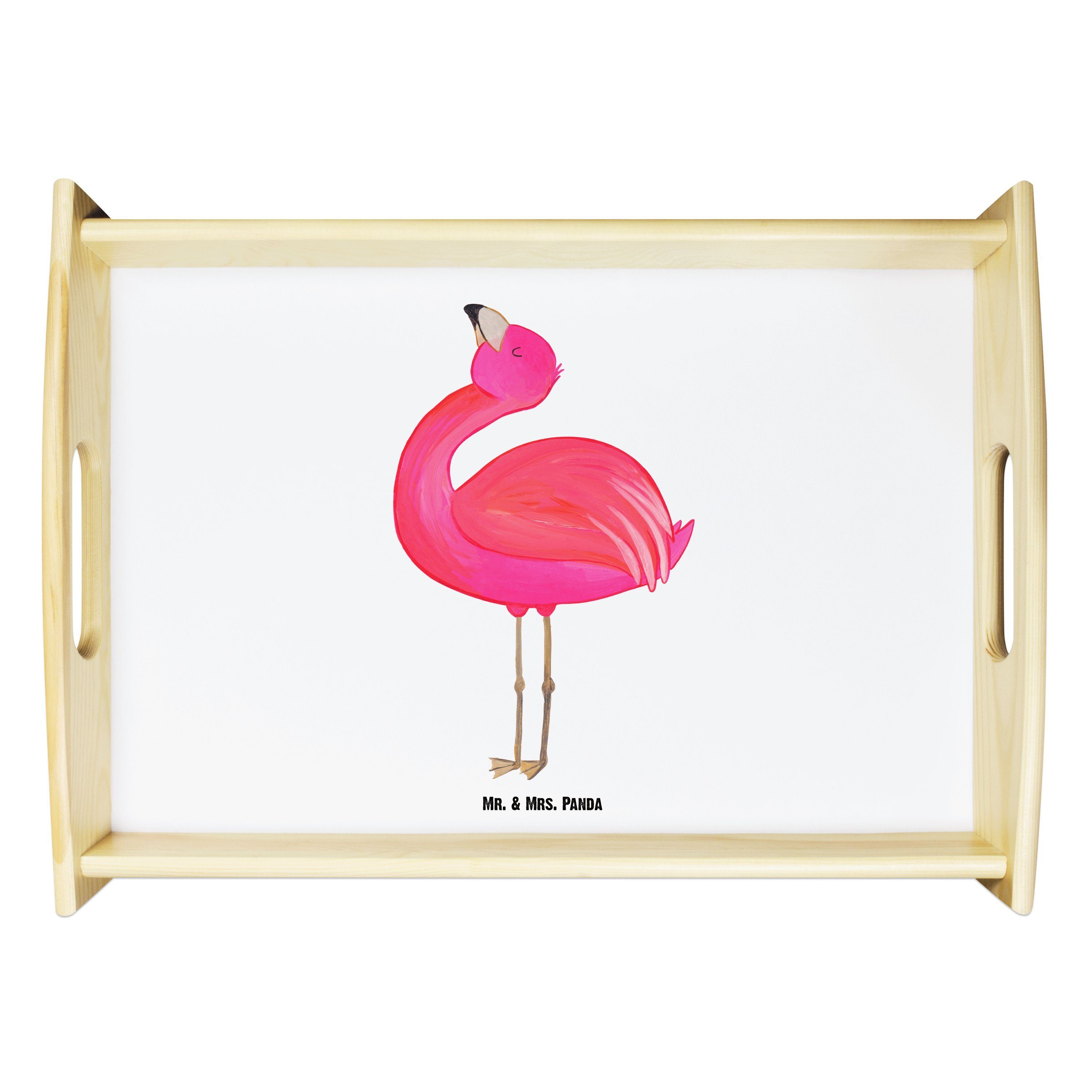Mr. & Mrs. Panda Tablett Flamingo stolz - Weiß - Geschenk, Tablett, Freude, Selbstakzeptanz, S, Echtholz lasiert, (1-tlg)