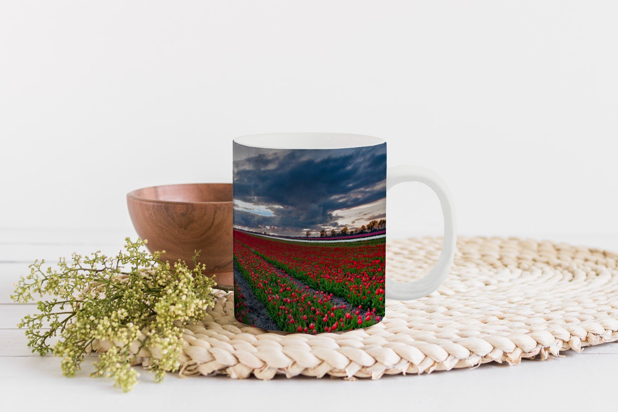 der Becher, Keramik, Tulpenfeld im Ein Teetasse, Niederlande, Tasse Nordosten Geschenk Teetasse, rotes Kaffeetassen, MuchoWow