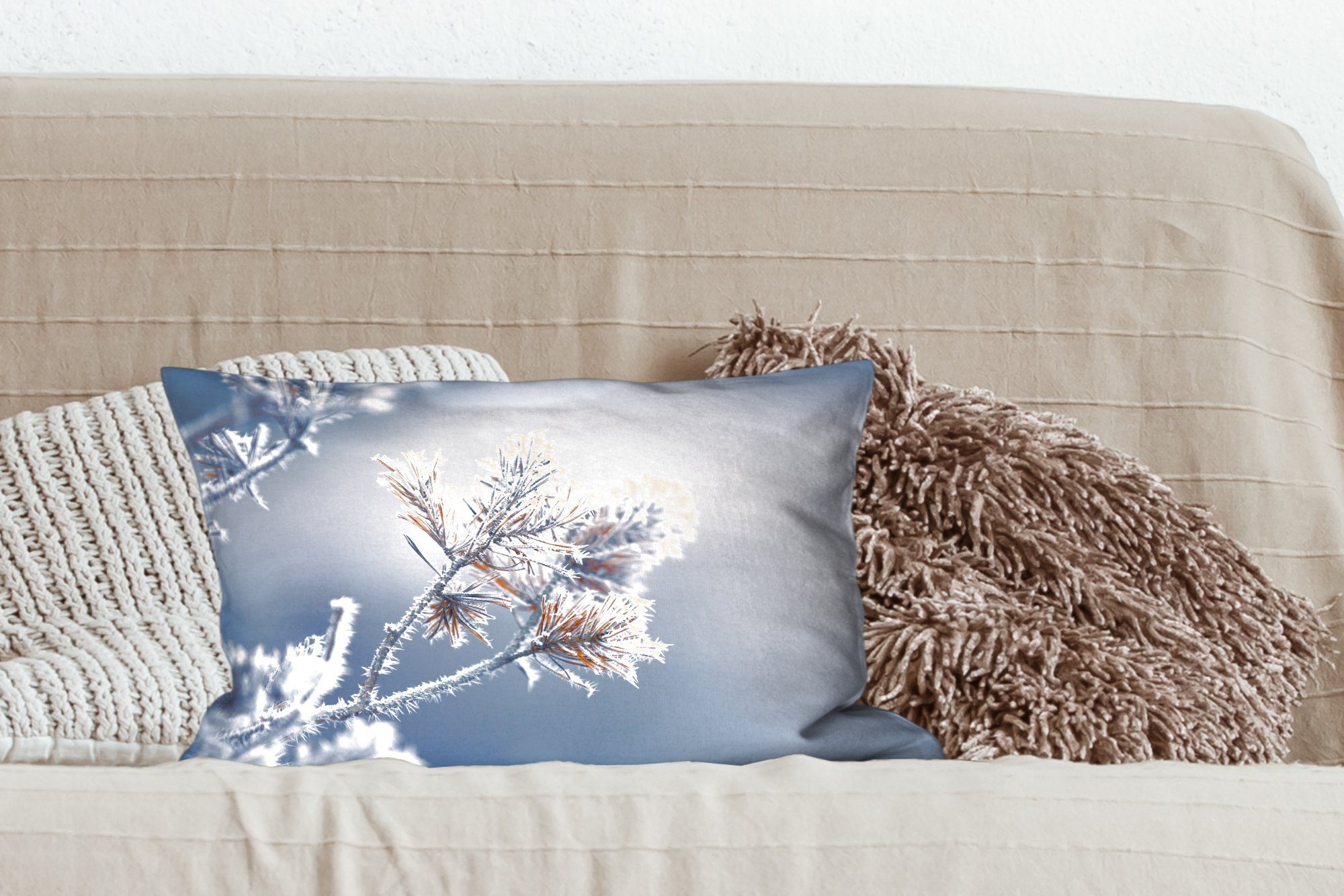 Schlafzimmer - Schnee Kiefernnadeln Dekoration, Zierkissen, Dekokissen Eis - Füllung, - mit Winter, Dekokissen Pflanzen MuchoWow Wohzimmer -