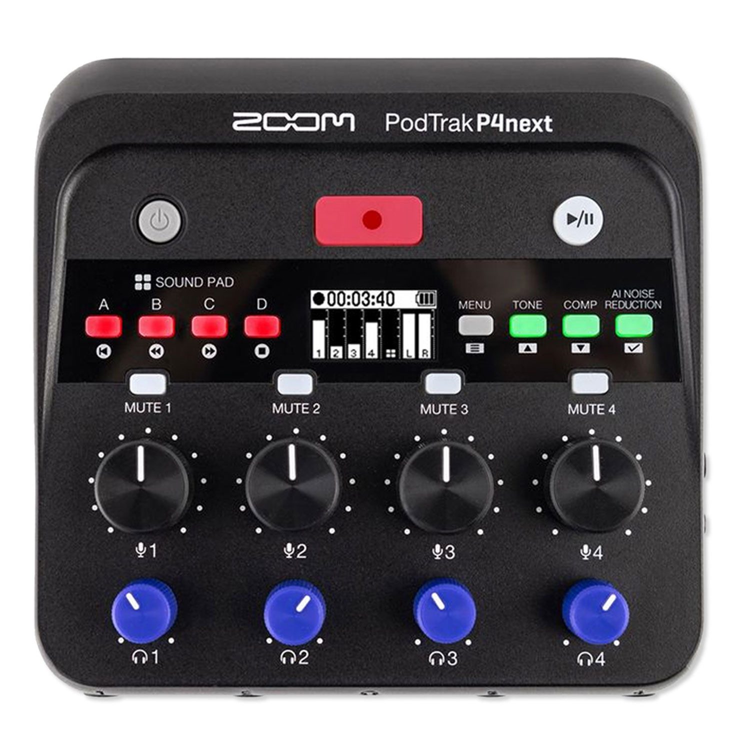 Zoom Audio Zoom Audio-Recorder PodTrak P4next 4-Spur Podcast-Mixer Digitales Aufnahmegerät (Kompakter mobiler 4-Spur-Podcast-Mixer und Rekorder)