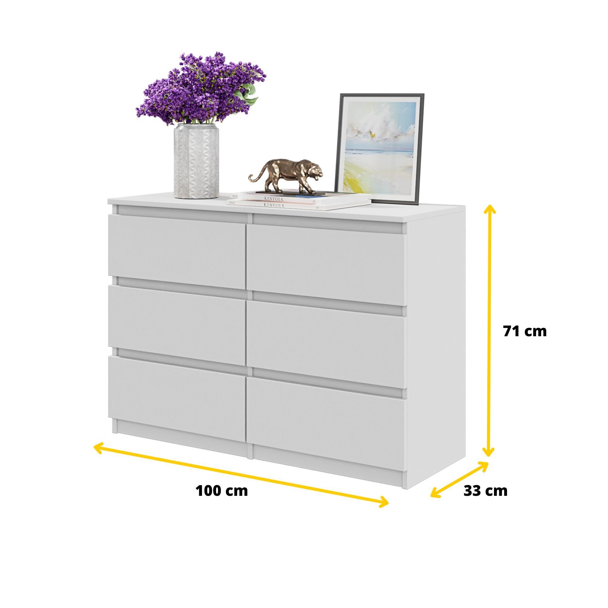 Furnica Kommode GABRIEL 6 Schubladen - Weiß Matt H70cm B100cm T33cm