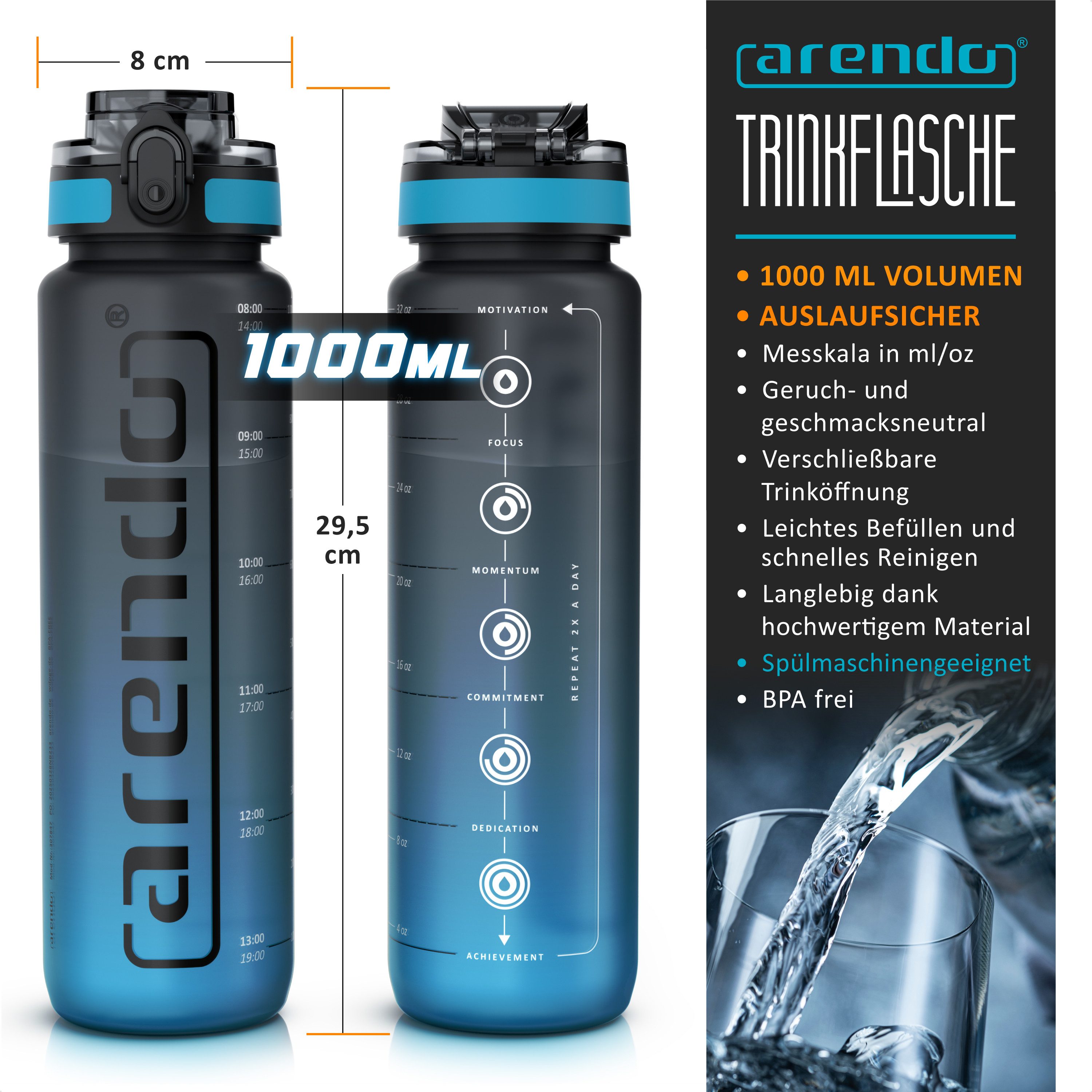 Arendo Trinkflasche Sportflasche 1000 ml, verschließbar, Trinkmotivation, auslaufsicher, Wasserflasche mit Zeitmarkierung, BPA-frei, Spülmaschinengeeignet