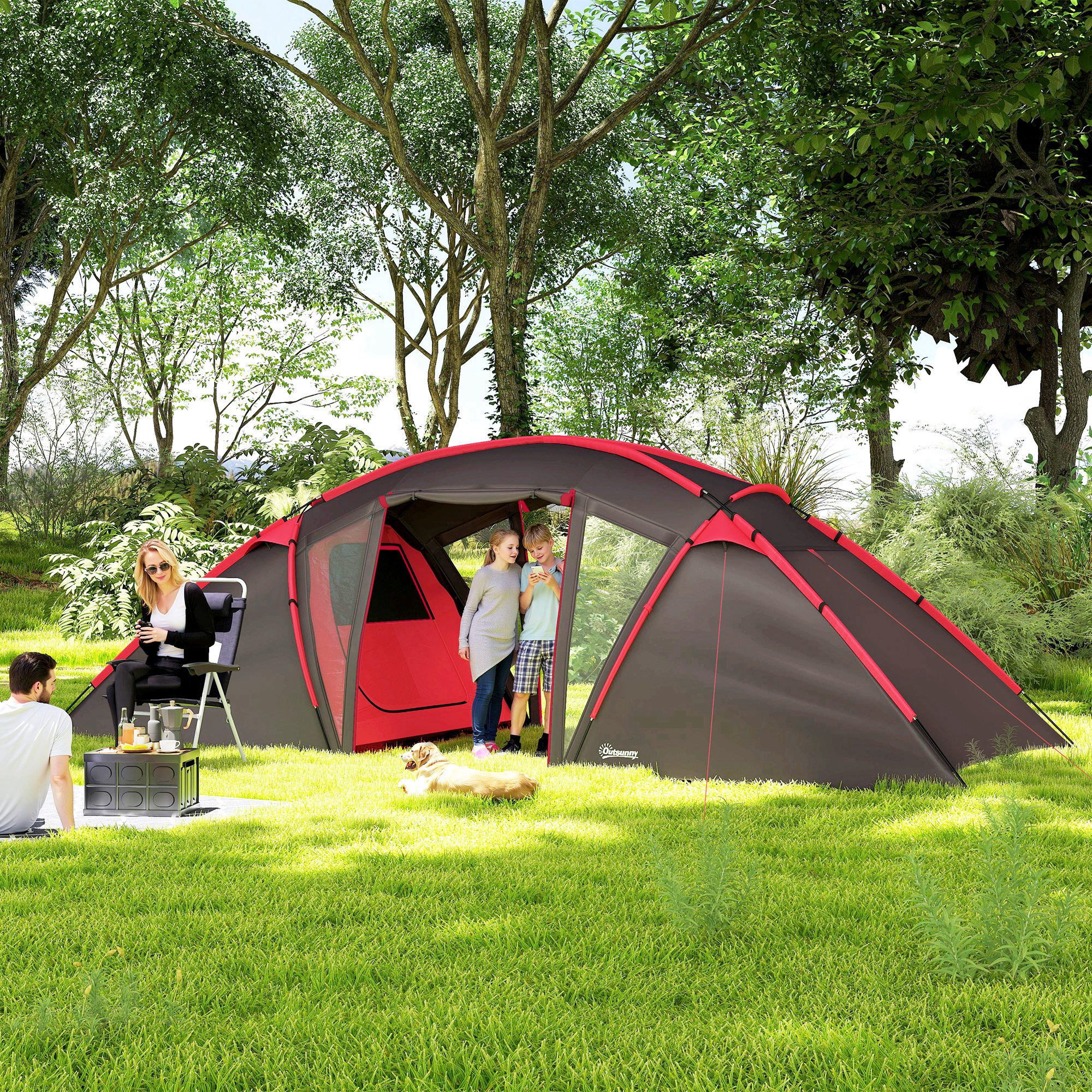 Outsunny Tunnelzelt mit 3 Räumen, Lichthaken, Doppeltüren, Personen: 6 (3000mm wasserabweisend Campingzelt, 1 tlg., Familienzelt für 4-6 Personen), für Garten, Campingplatz, Grau