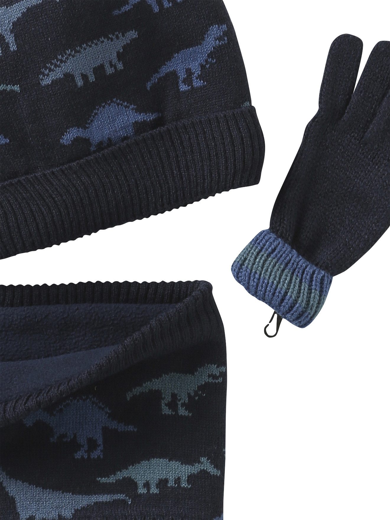 vertbaudet Mütze & Schal Mütze, Schlauchschal und Handschuhen für Jungen Set, Dinosaurier-Motiv