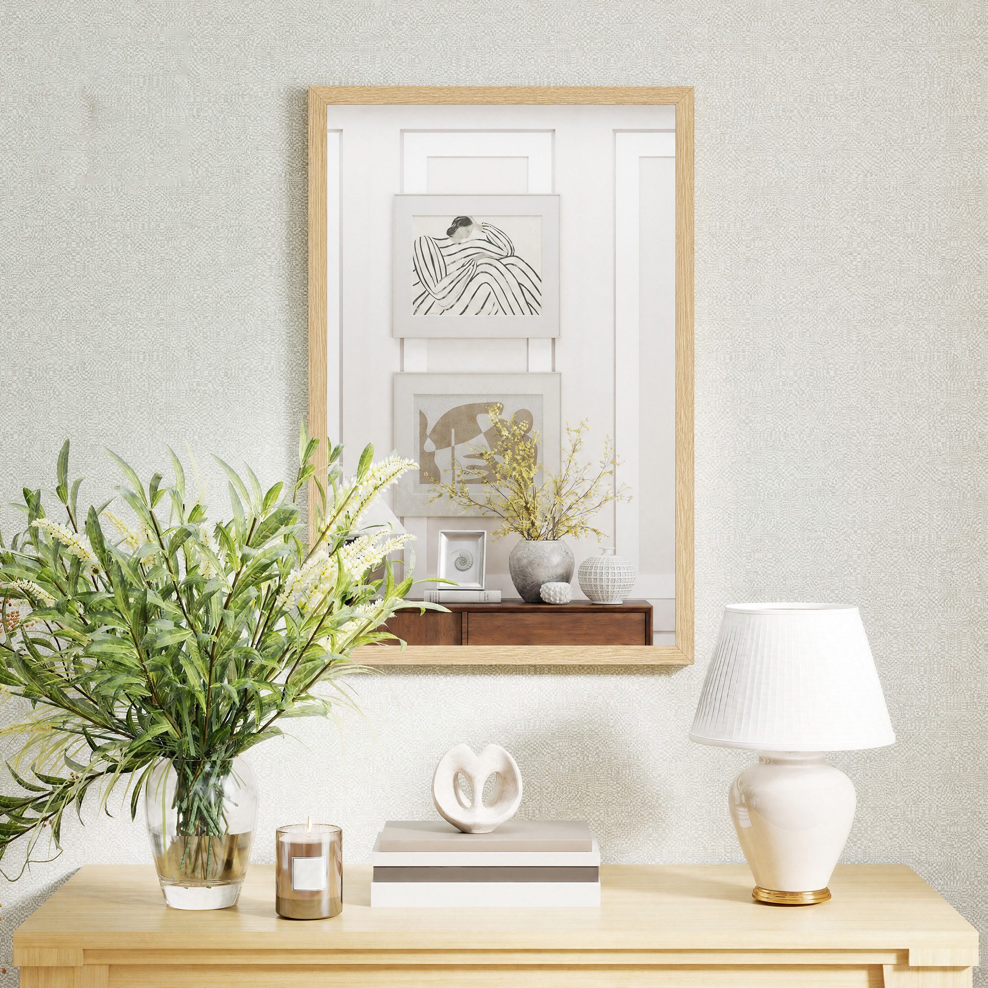 HOMCOM Wandspiegel Rechteckig Spiegel Dekorativ 40 x 60 cm (Badezimmerspiegel, 1-St., Dekorativer Hängespiegel), für Schlafzimmer Badezimmer Wohnzimmer Flur Naturholz