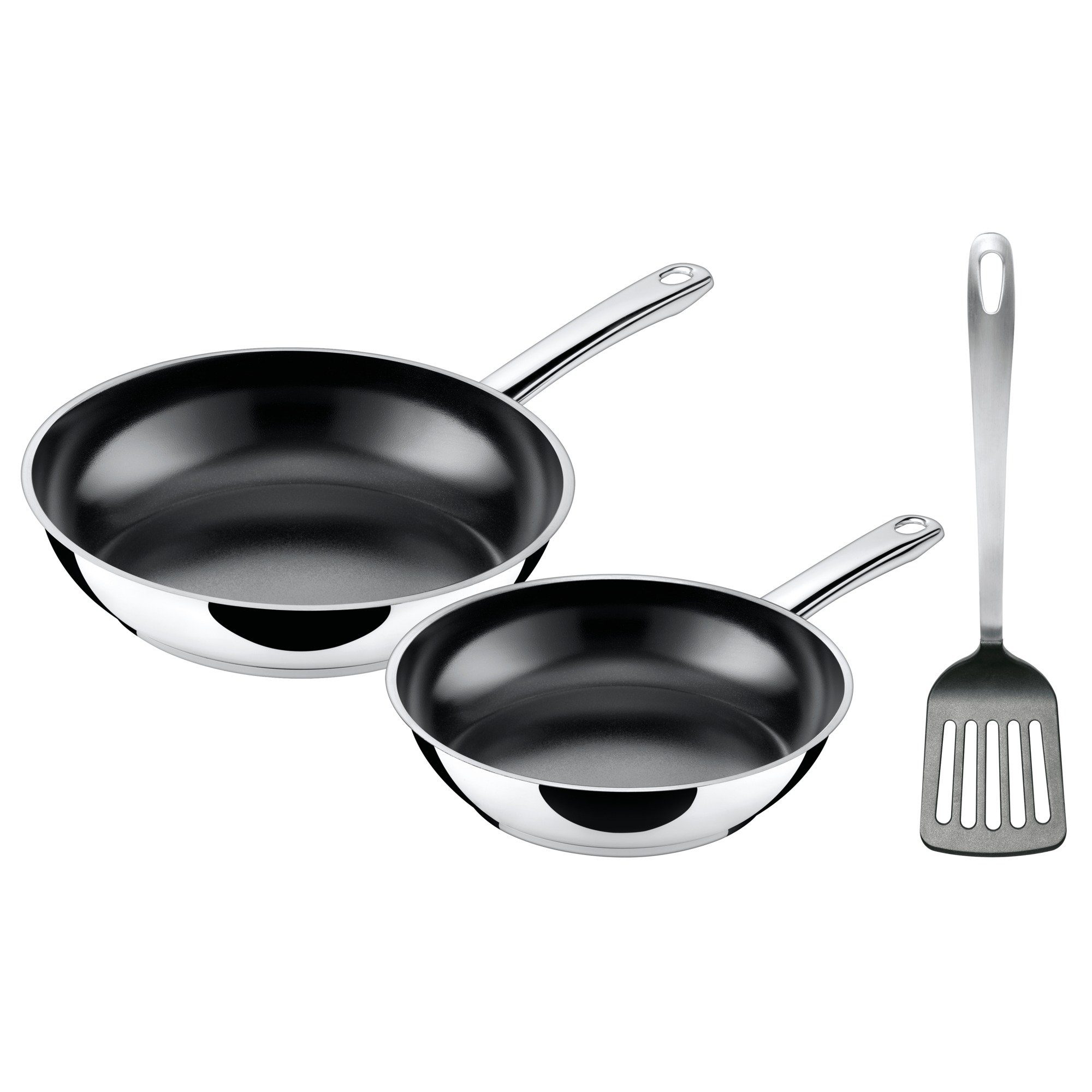 Silit Pfannen-Set Talis 3-teilig, mit Pfannenwender, Bratpfanne 24, 20 cm, Cromargan® Edelstahl Rostfrei 18/10 (Set, 3-tlg., je 1 Pfanne Ø 24/20 cm, H: 5 cm), Pfanne Induktion, Edelstahl beschichtet, backofenfest bis 250 Grad