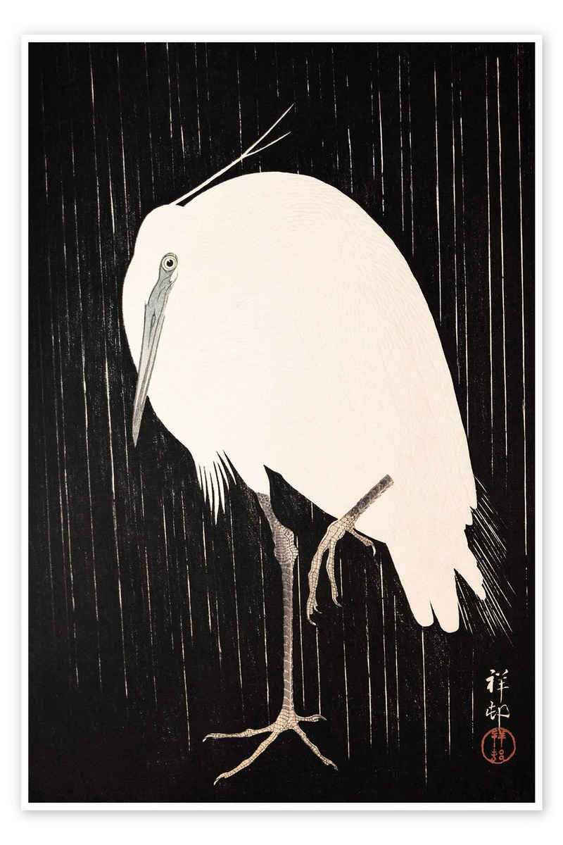 Posterlounge Poster Ohara Koson, Weißer Kranich im Regen, Wohnzimmer Japandi Malerei