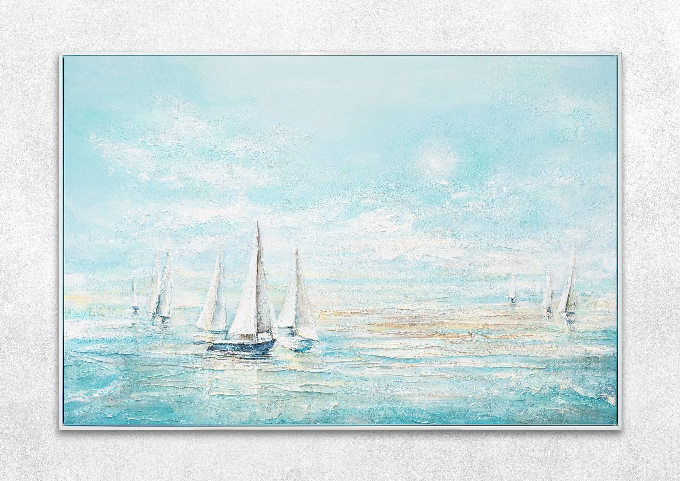 Handgemalt Landschaft, Meeresblau, Bild Meer Rahmen YS-Art Segelboote Leinwand Hellblau in Weiß Blau Gemälde Mit
