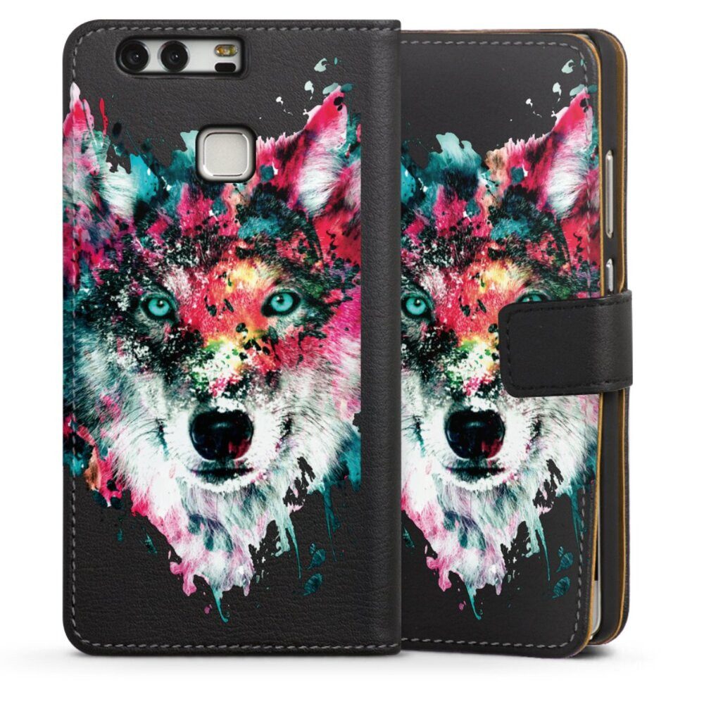 DeinDesign Handyhülle Riza Peker Wolf bunt Wolve ohne Hintergrund, Huawei P9 Hülle Handy Flip Case Wallet Cover Handytasche Leder