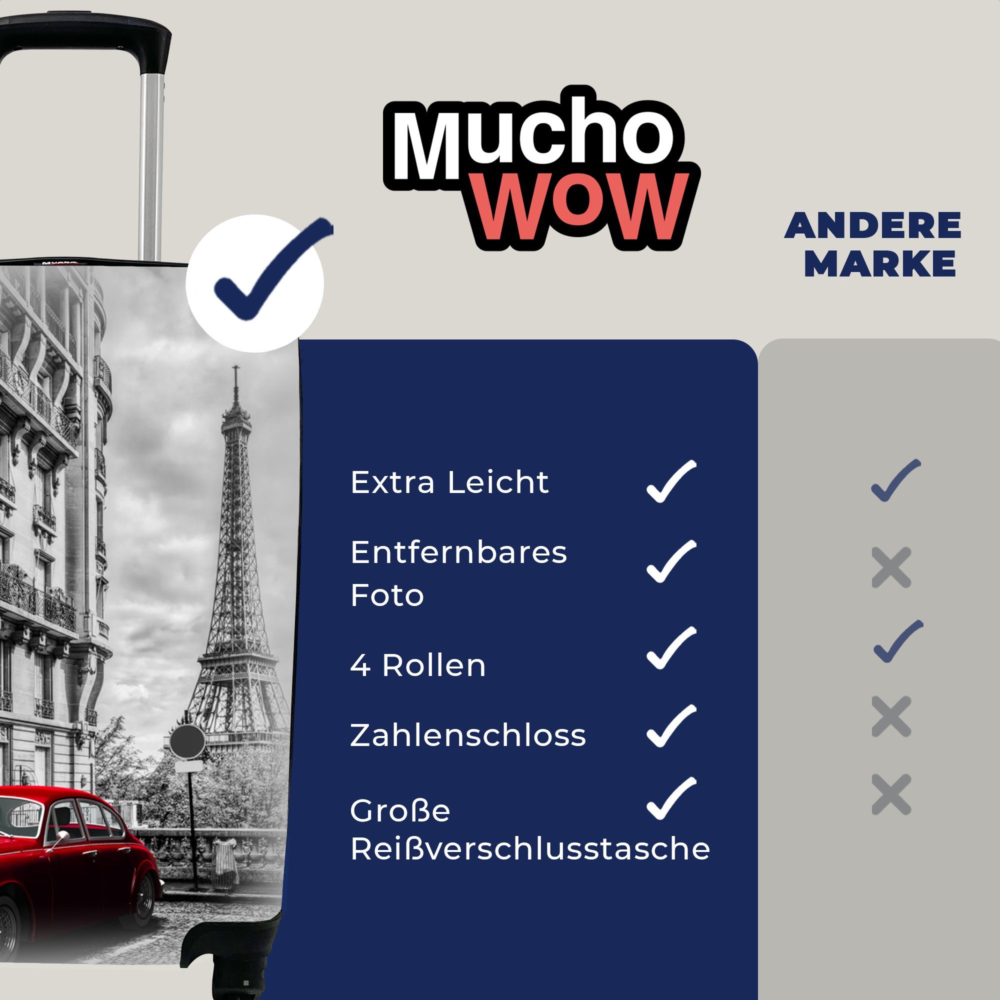 MuchoWow Handgepäckkoffer Eiffelturm - Paris für 4 Ferien, - rollen, Handgepäck Rollen, Trolley, mit Schwarz, Reisetasche Reisekoffer