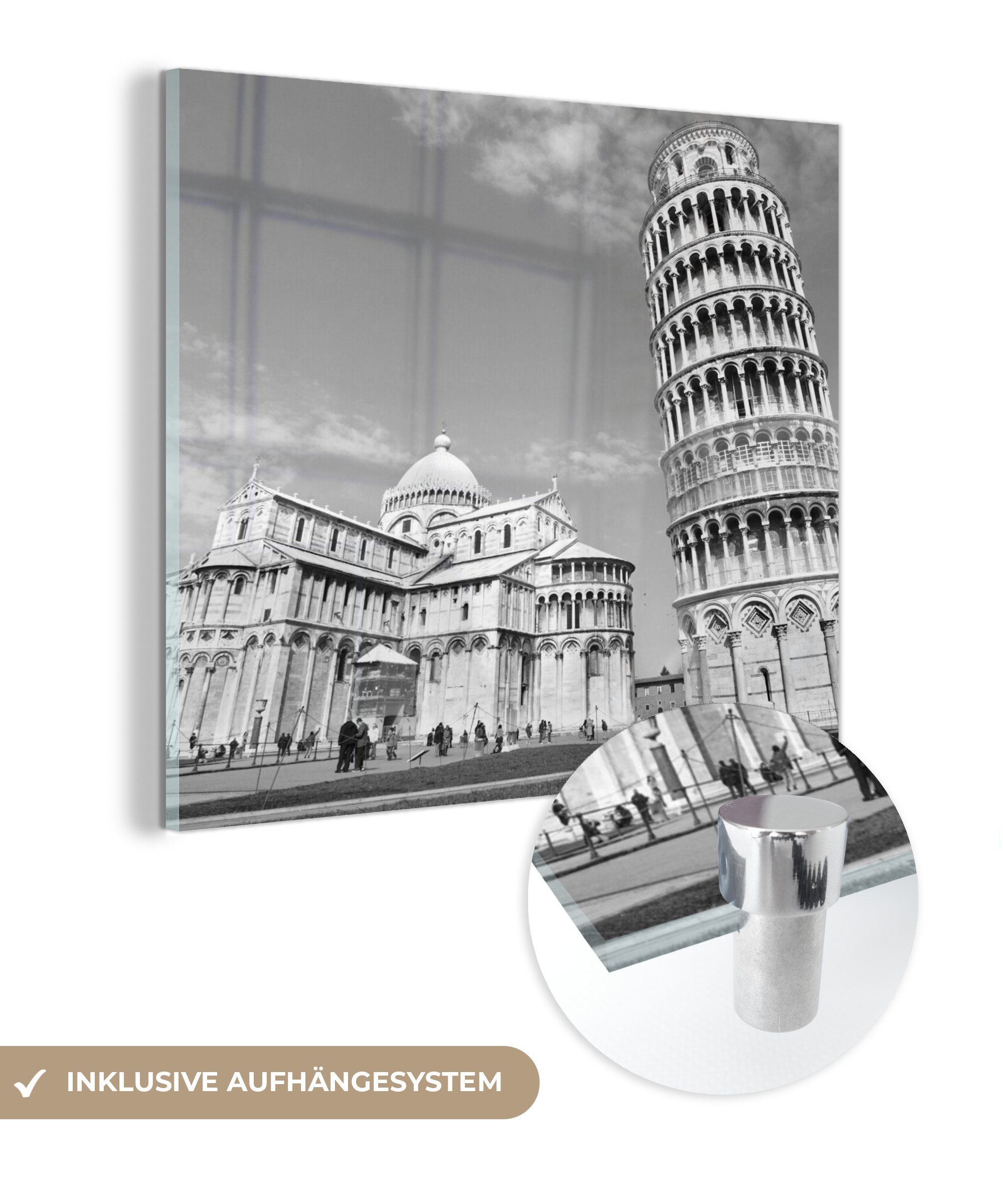 MuchoWow Acrylglasbild Schwarz-Weiß-Bild Turm von Pisa neben dem alten Dom, (1 St), Glasbilder - Bilder auf Glas Wandbild - Foto auf Glas - Wanddekoration