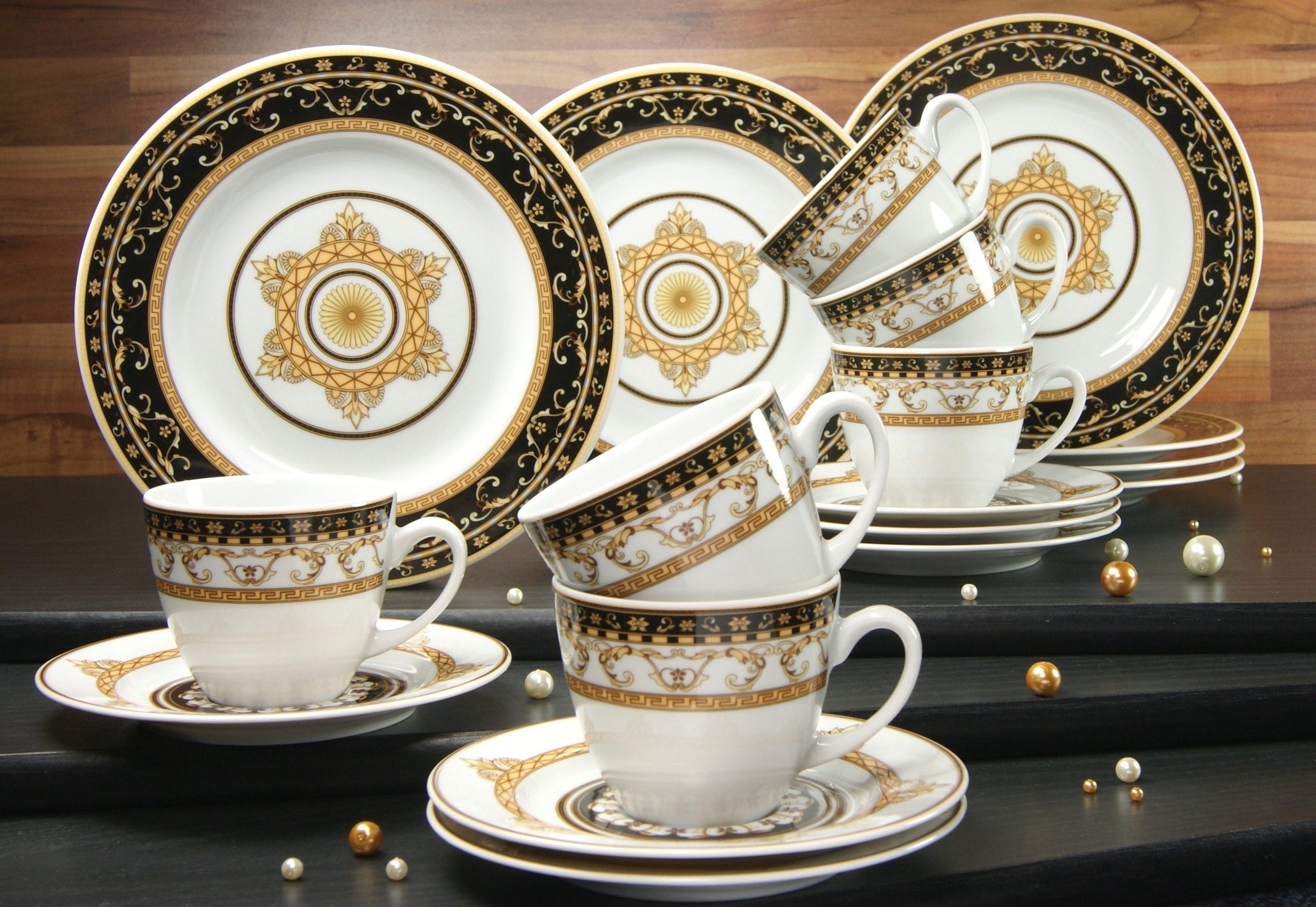 CreaTable Kaffeeservice Geschirr-Set Majestosa (18-tlg), 6 Personen, Porzellan, Service, Dekor schwarz abgesetzt, 18 Teile, für 6 Personen