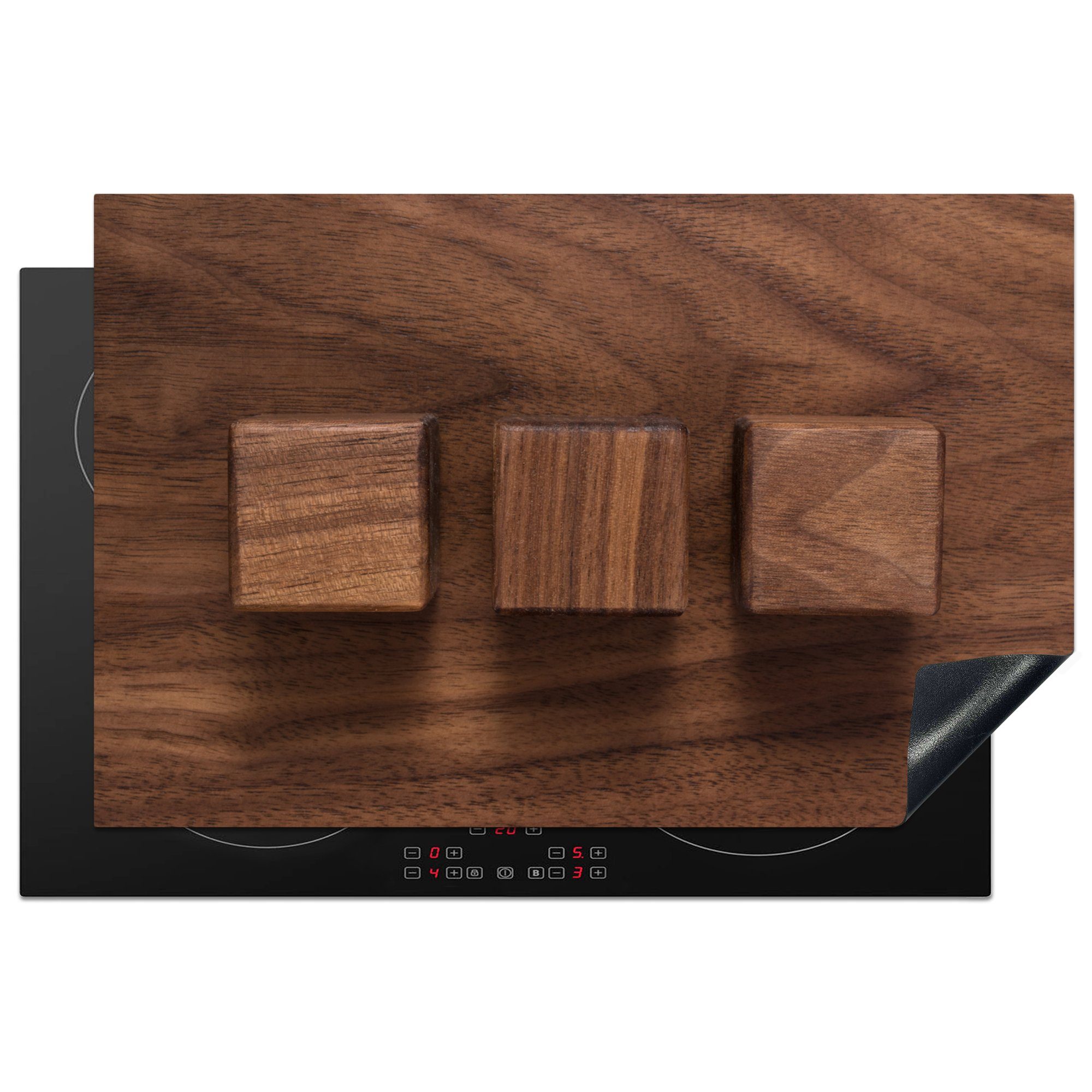 MuchoWow Herdblende-/Abdeckplatte Holzwürfel auf einem hölzernen Hintergrund, Vinyl, (1 tlg), 81x52 cm, Induktionskochfeld Schutz für die küche, Ceranfeldabdeckung