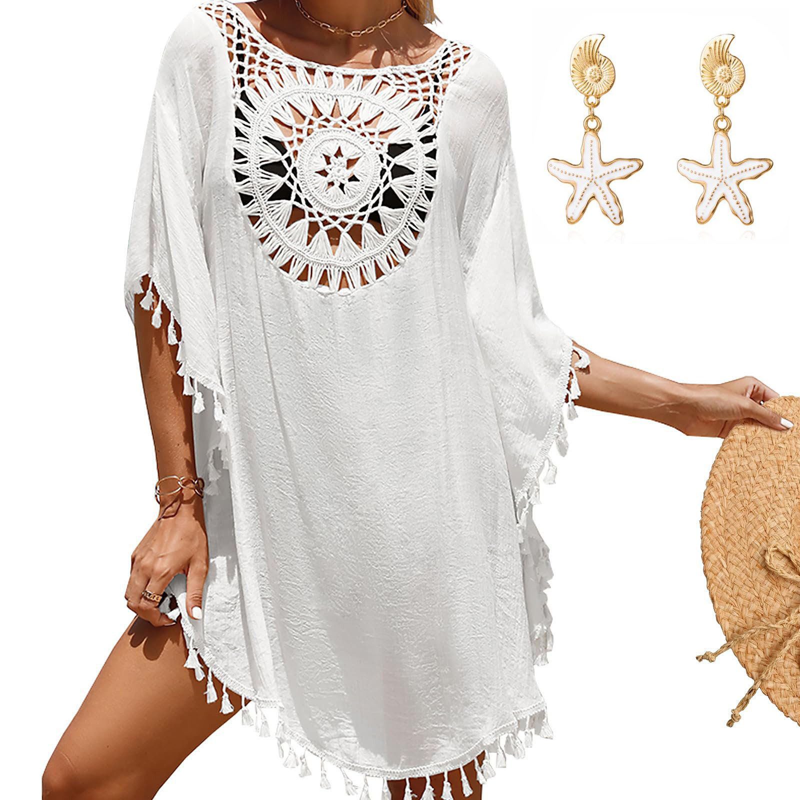MOPUEA Strandkleid Damen Bikini Cover Up Strand-Tunika mit Fransen Strandbekleidung (mit Boho-Ohrringen, 1-tlg., Filigrane Häkelspitze umrahmt den tiefen V-Ausschnitt) Einheitsgröße mit Wohlfühlgarantie
