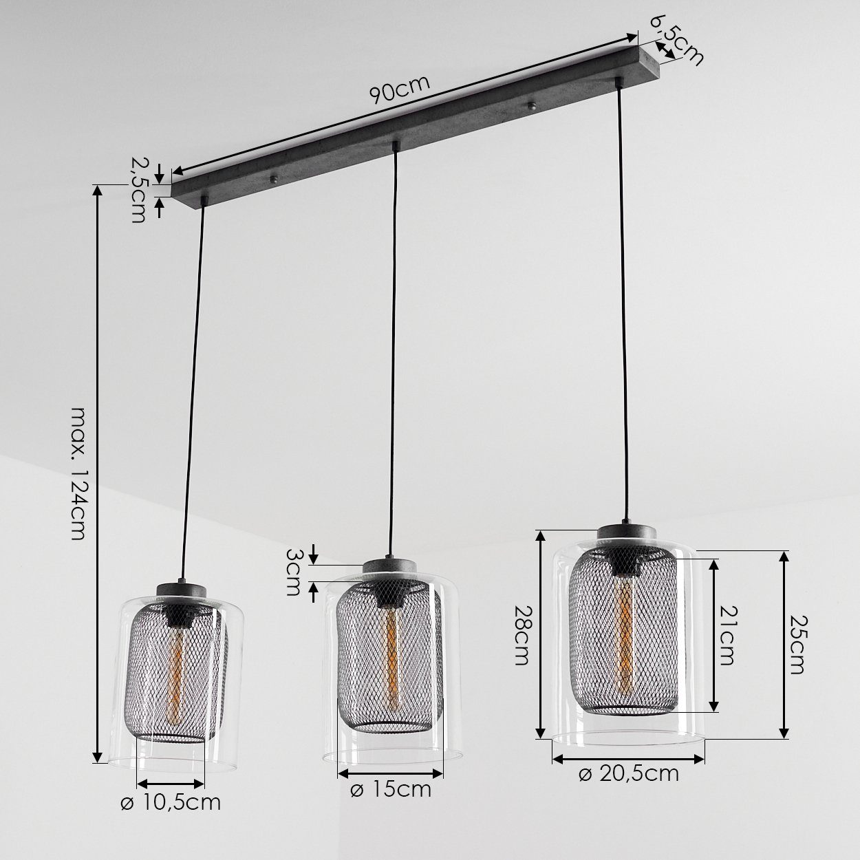 E27 Schwarz/Grau, Pendelleuchte mit mit in Leuchtmittel, ohne Metall Deckenlampe Glasschirmen, verstellbar, Höhe hofstein klaren aus Hängelampe »Zago« 3-flammige