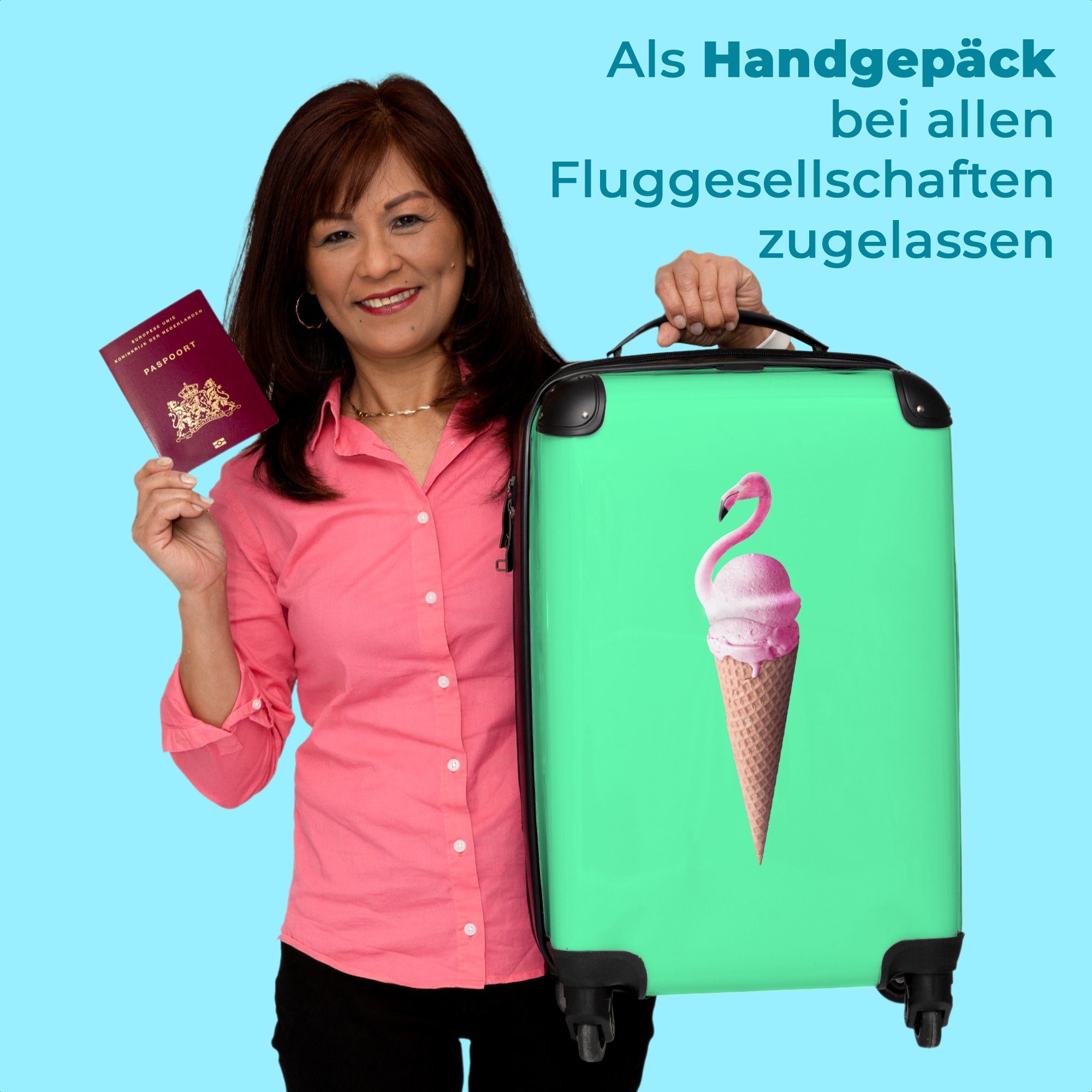 NoBoringSuitcases.com© Handgepäck - Cabin Rollen Kleine Grün, Rollen, - Reisekoffer Rosa Handgepäckkoffer 4 4 Eistüten Eiscreme Flamingo mit 55x35x20cm Trolley - Rollkoffer - -