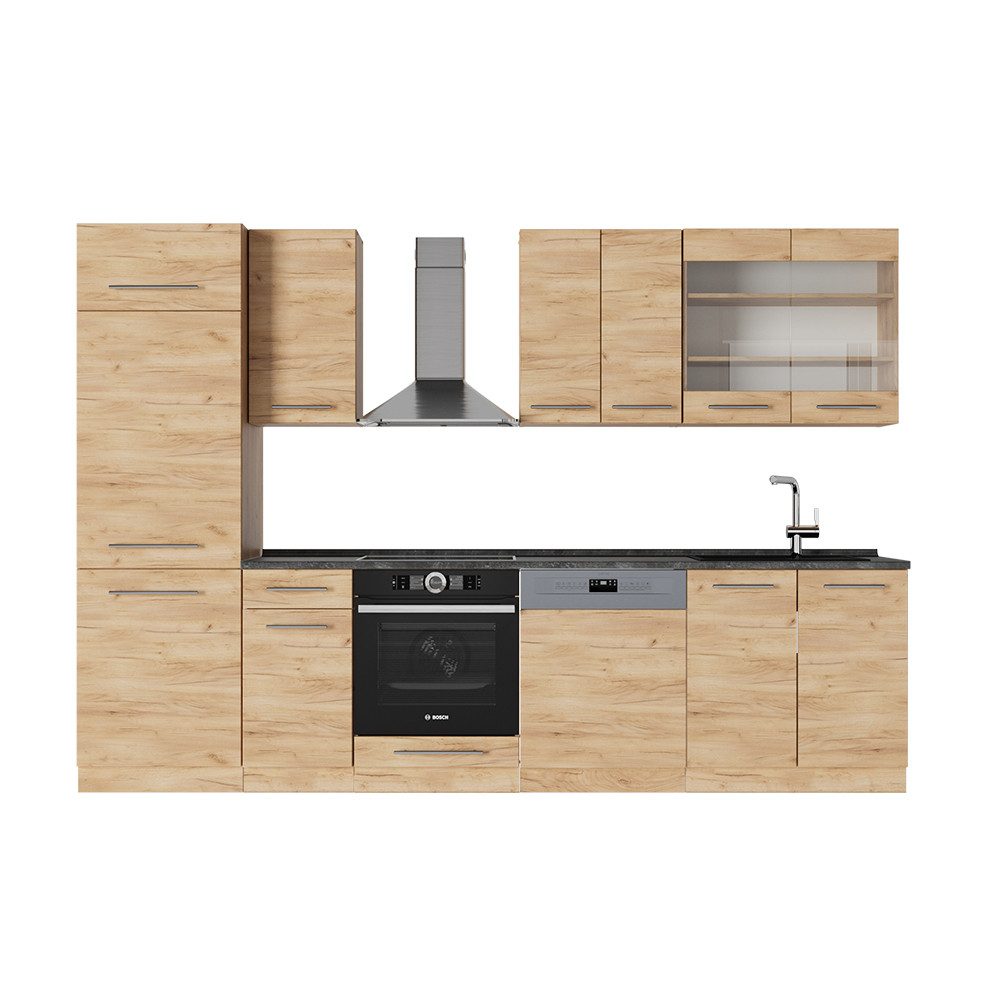 Vicco Küchenzeile Fame-Line, Goldkraft Eiche/Goldkraft Eiche, 300 cm, AP Anthrazit