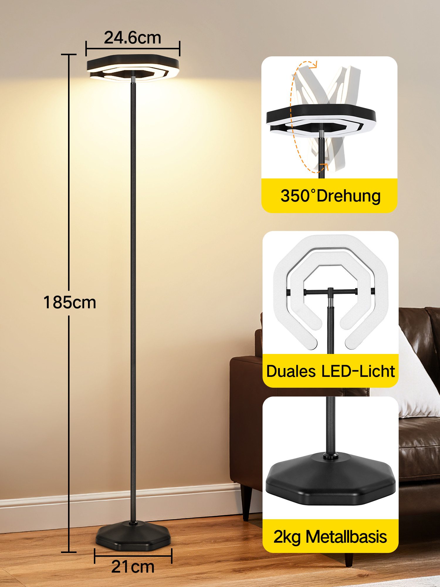 OUTON LED Stehlampe Moderne LED Stehleuchte 30W 3000LM, LED wechselbar, dimmbar 2700K-6500K Fernbedienung