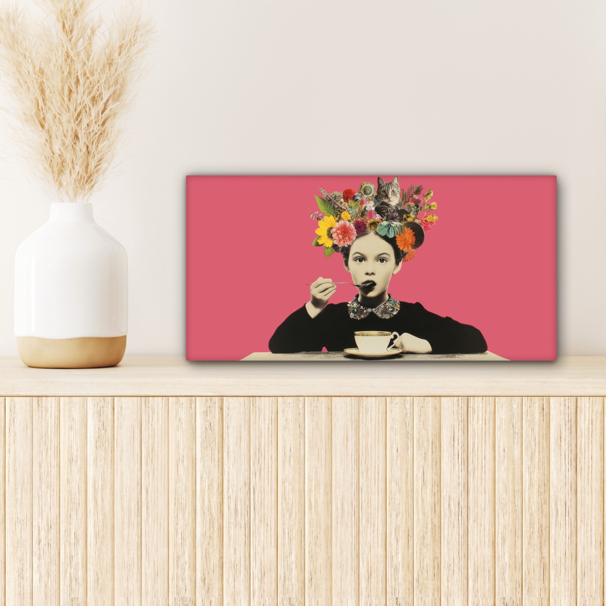 OneMillionCanvasses® Leinwandbild Panorama Mädchen - Tasse - Blumen - Rosa, Fotodruck (1 St), Wandbild, Deko Schlafzimmer Wohnzimmer Flur 40x20 cm