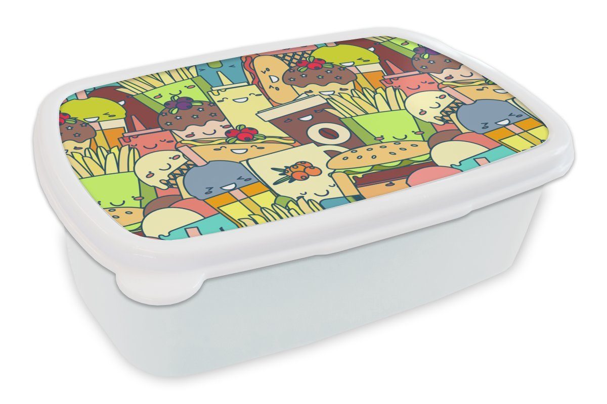 MuchoWow Lunchbox Kawaii - Muster - Fast Food, Kunststoff, (2-tlg), Brotbox für Kinder und Erwachsene, Brotdose, für Jungs und Mädchen weiß