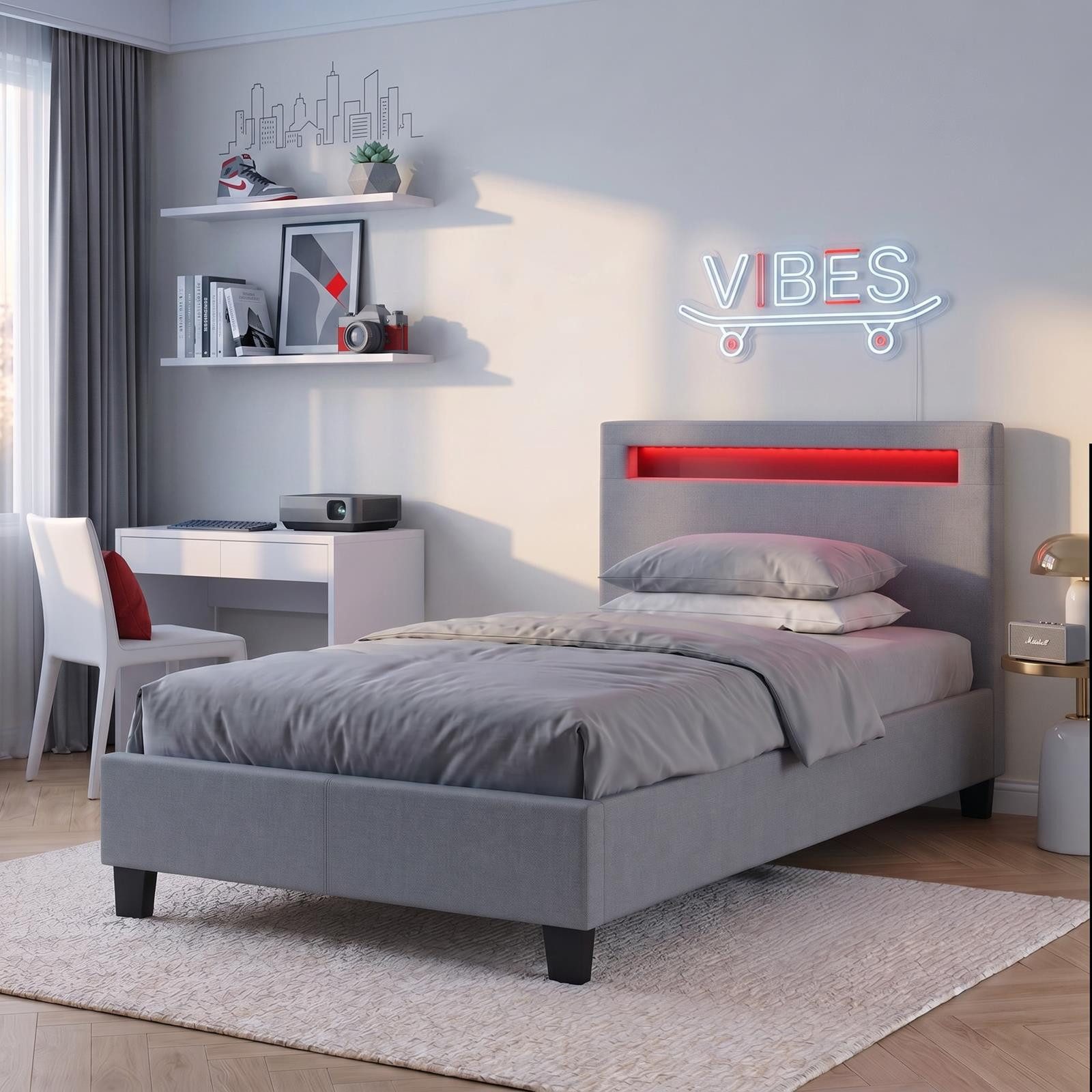 CARO-Möbel Polsterbett HIMALAYA, Polsterbett Einzelbett Jugendbett Bettgestell mit LED 90 x 200 cm