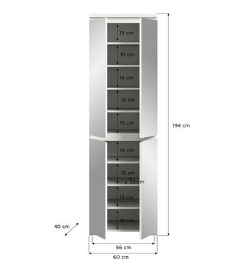 !Solid Schuhschrank SHOELOVE, B 60 cm x H 193 cm, 4 Spiegeltüren, Weiß, Nox Eiche Dekor