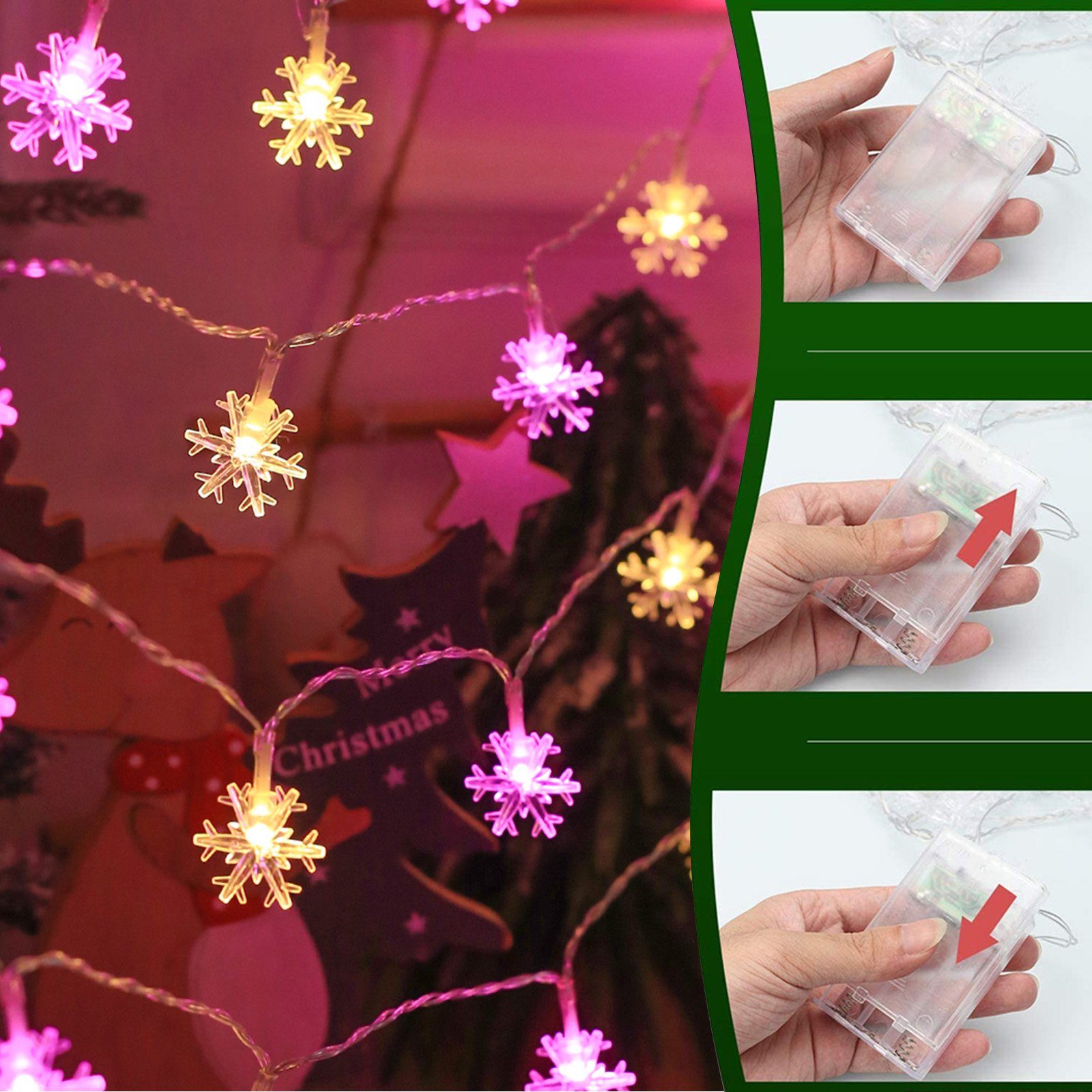 Rosnek LED-Lichterkette Lichtervorhang,Schneeflocke,Batteriebetriebene, Weihnachten Deko Rosa+Warmweiß