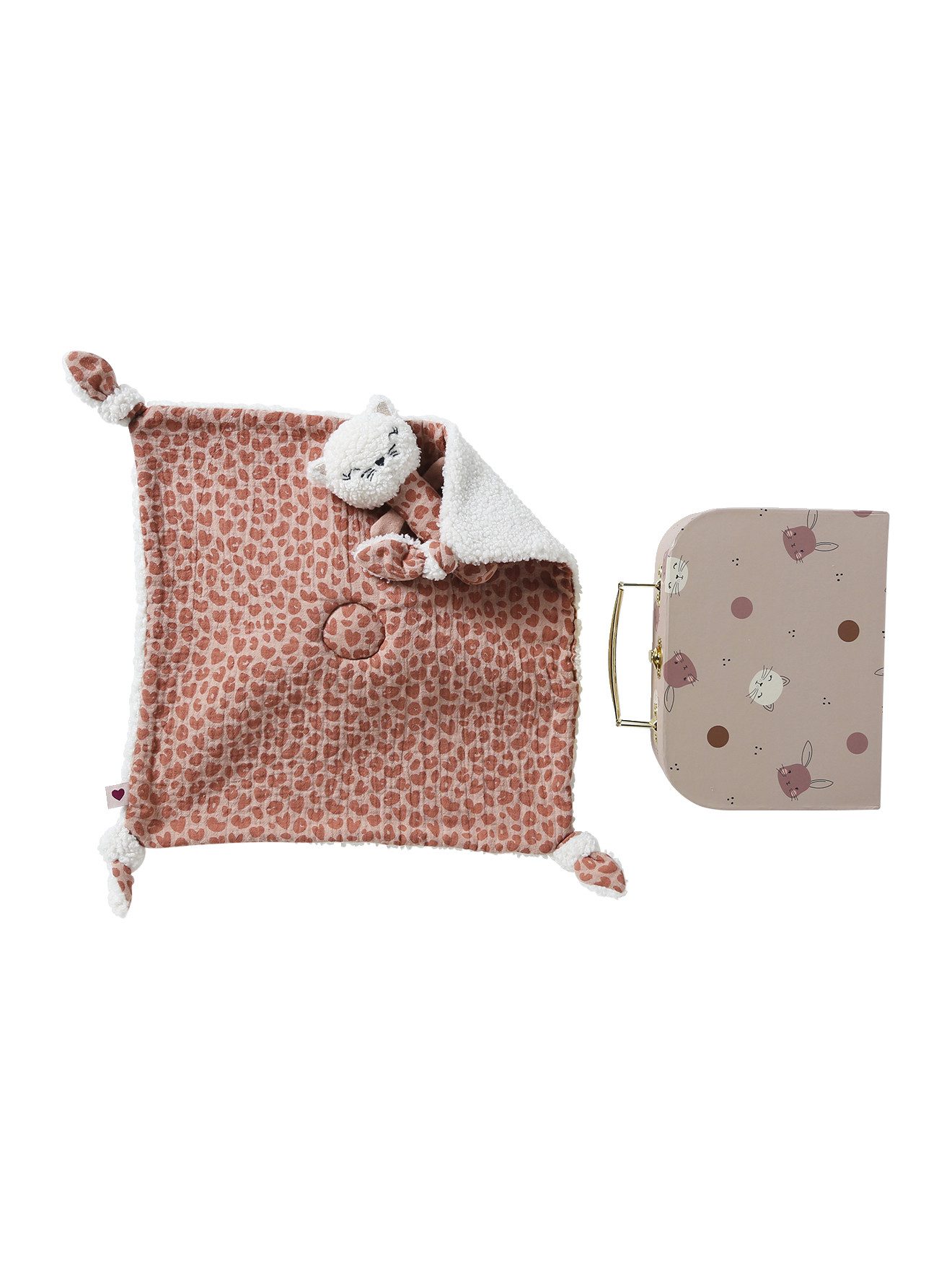 Schmusetuch Baby Geschenk-Set: Stoffkatze & Rassel im Koffer