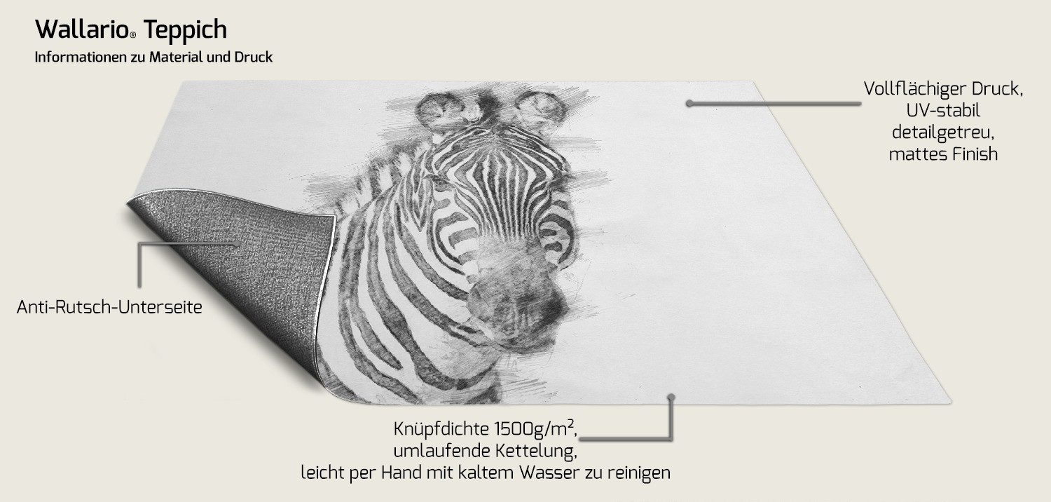 Wallario Teppich Zebra in schwarz weiß - Bleistift Zeichnung, rechteckig, rutschfest